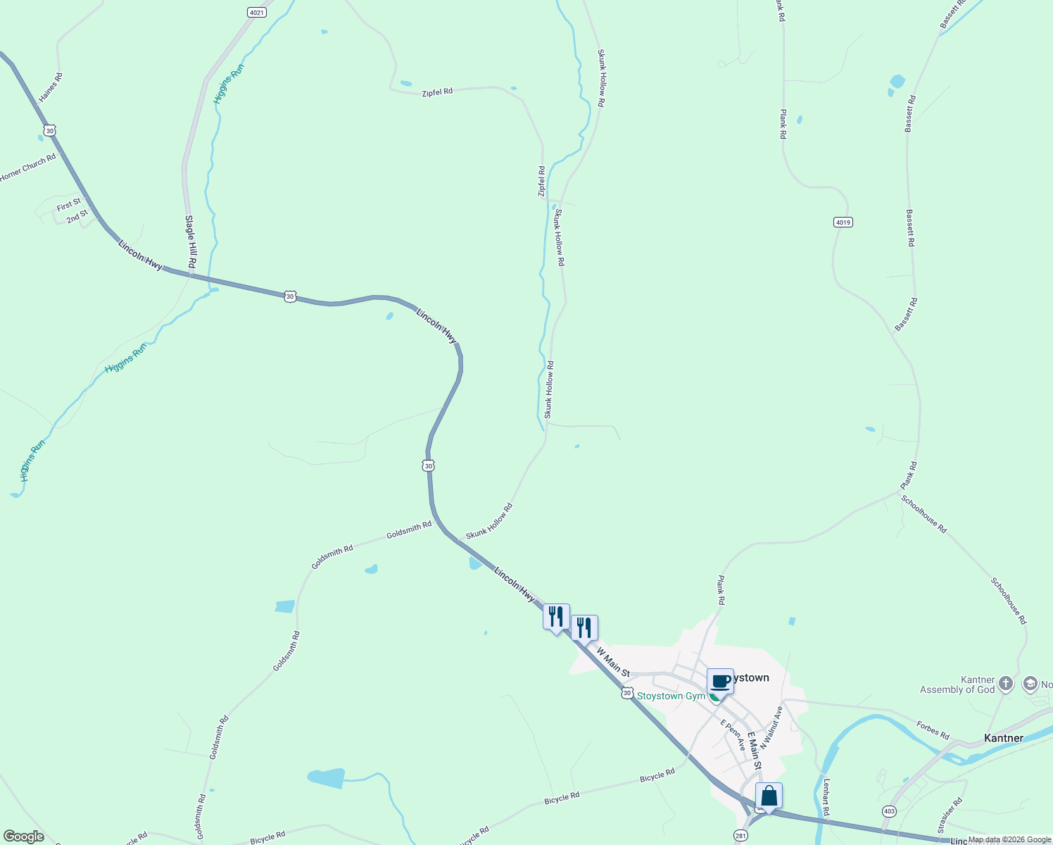 map of restaurants, bars, coffee shops, grocery stores, and more near 455 Skunk Hollow Road in Stoystown
