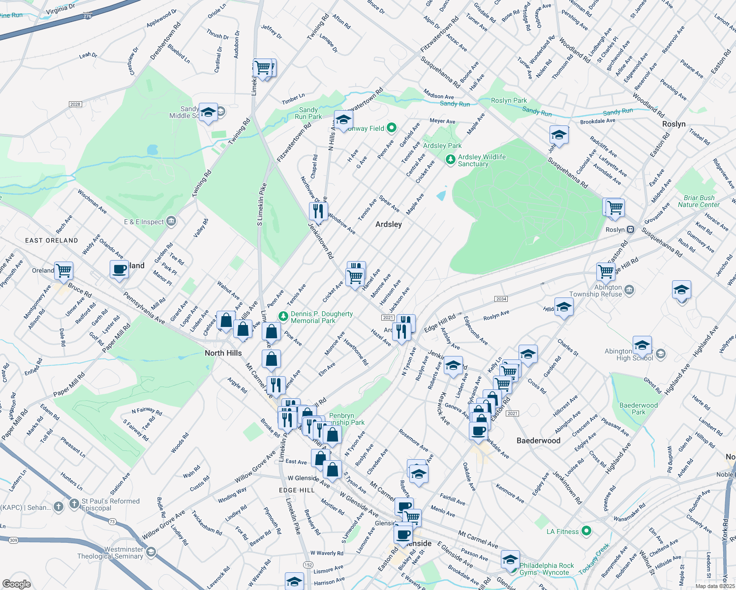 map of restaurants, bars, coffee shops, grocery stores, and more near 2747 Jenkintown Road in Glenside