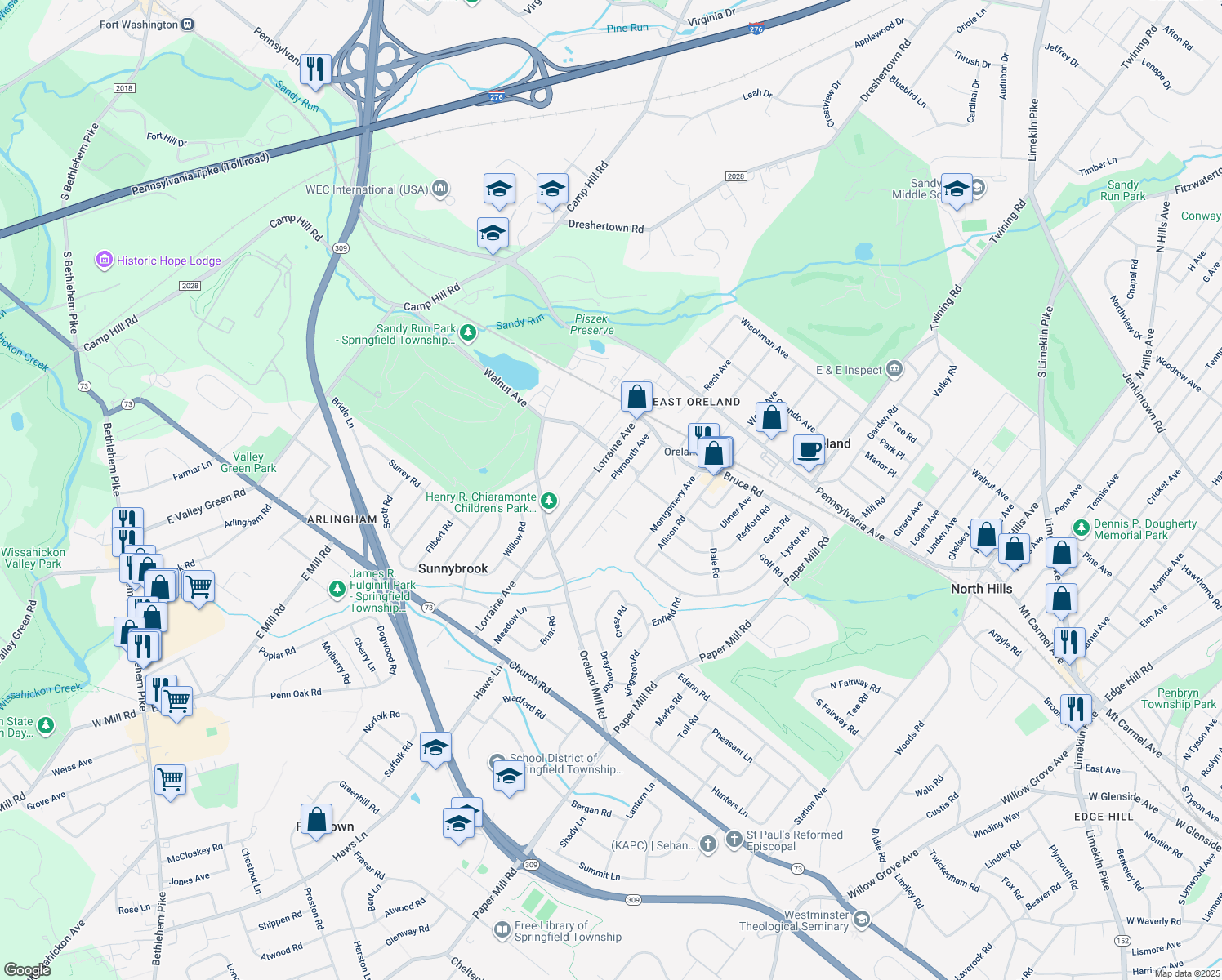 map of restaurants, bars, coffee shops, grocery stores, and more near 228 Plymouth Avenue in Oreland