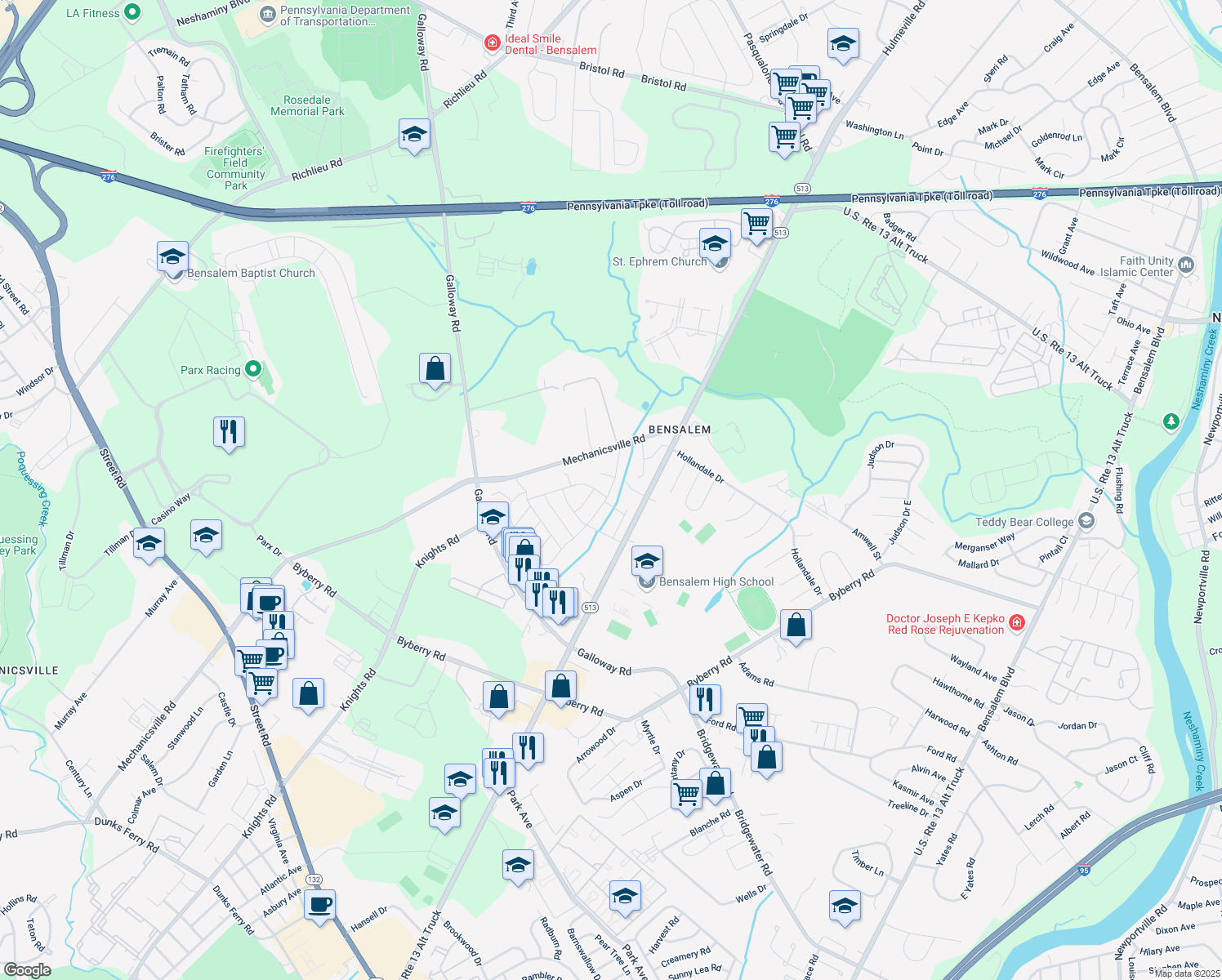 map of restaurants, bars, coffee shops, grocery stores, and more near 4415 Remo Crescent Road in Bensalem