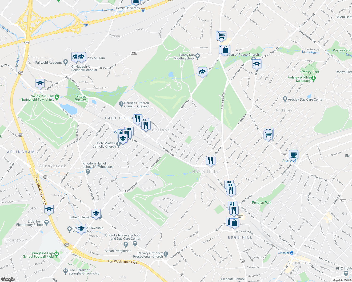 map of restaurants, bars, coffee shops, grocery stores, and more near 82 Oreland Place in Oreland