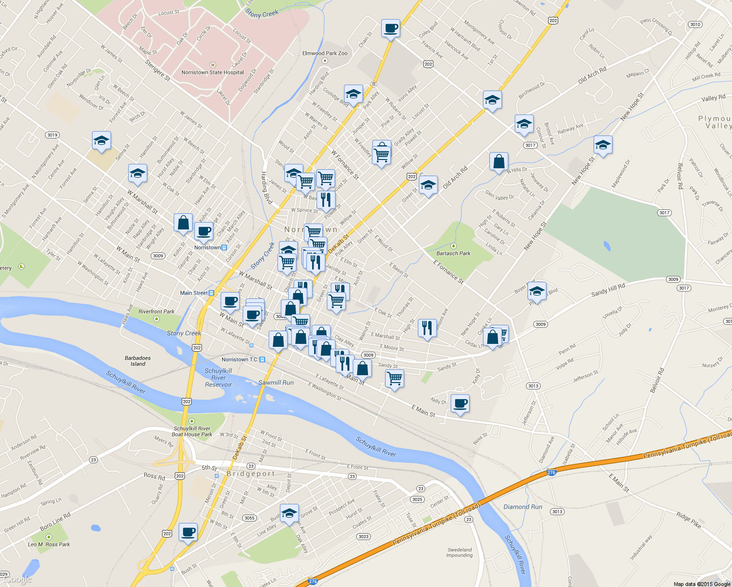 map of restaurants, bars, coffee shops, grocery stores, and more near 824 Smith Street in Norristown