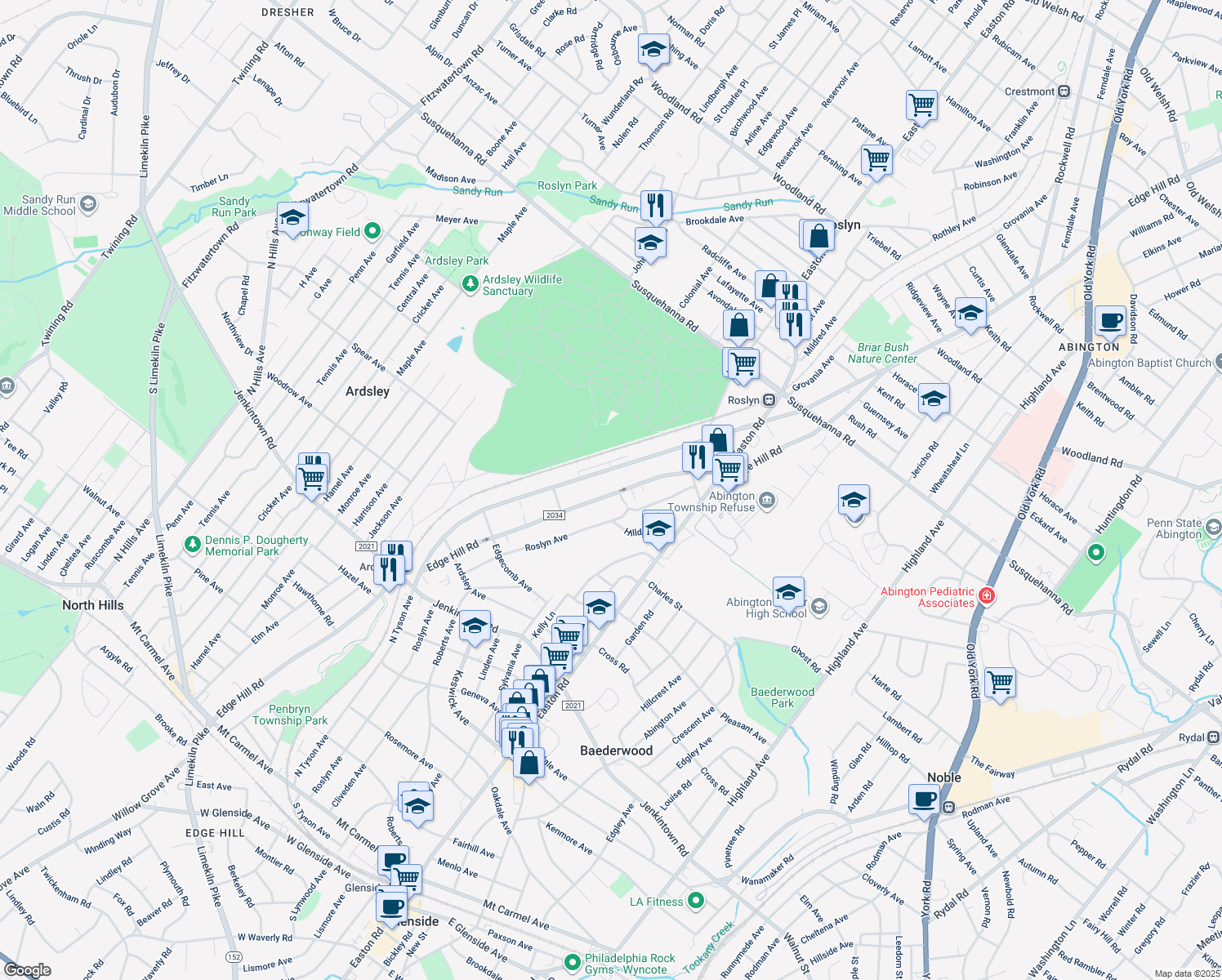 map of restaurants, bars, coffee shops, grocery stores, and more near 816 Edge Hill Road in Glenside