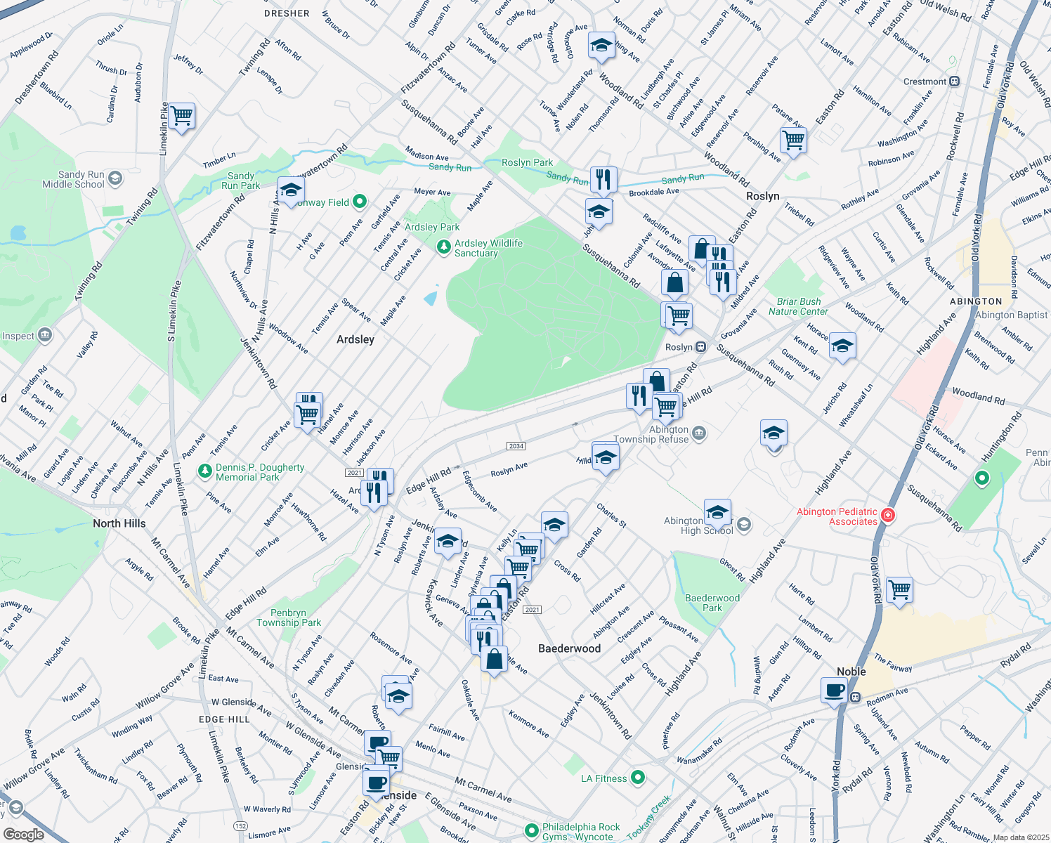 map of restaurants, bars, coffee shops, grocery stores, and more near 751 N Tyson Ave in Glenside