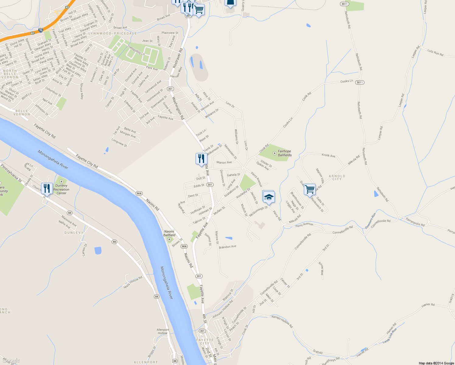 map of restaurants, bars, coffee shops, grocery stores, and more near 120 Smithfield St in Belle Vernon