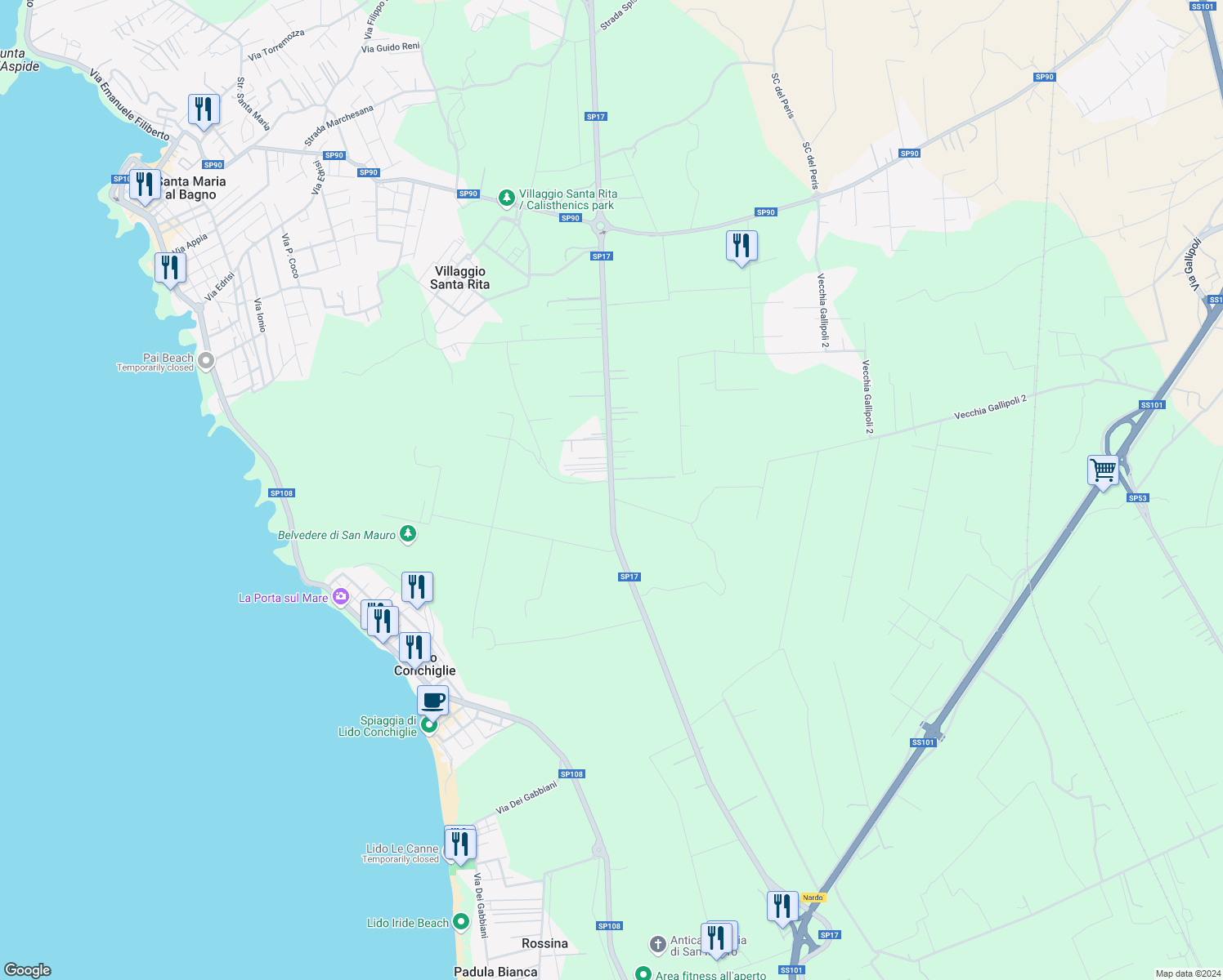 map of restaurants, bars, coffee shops, grocery stores, and more near in Province of Lecce