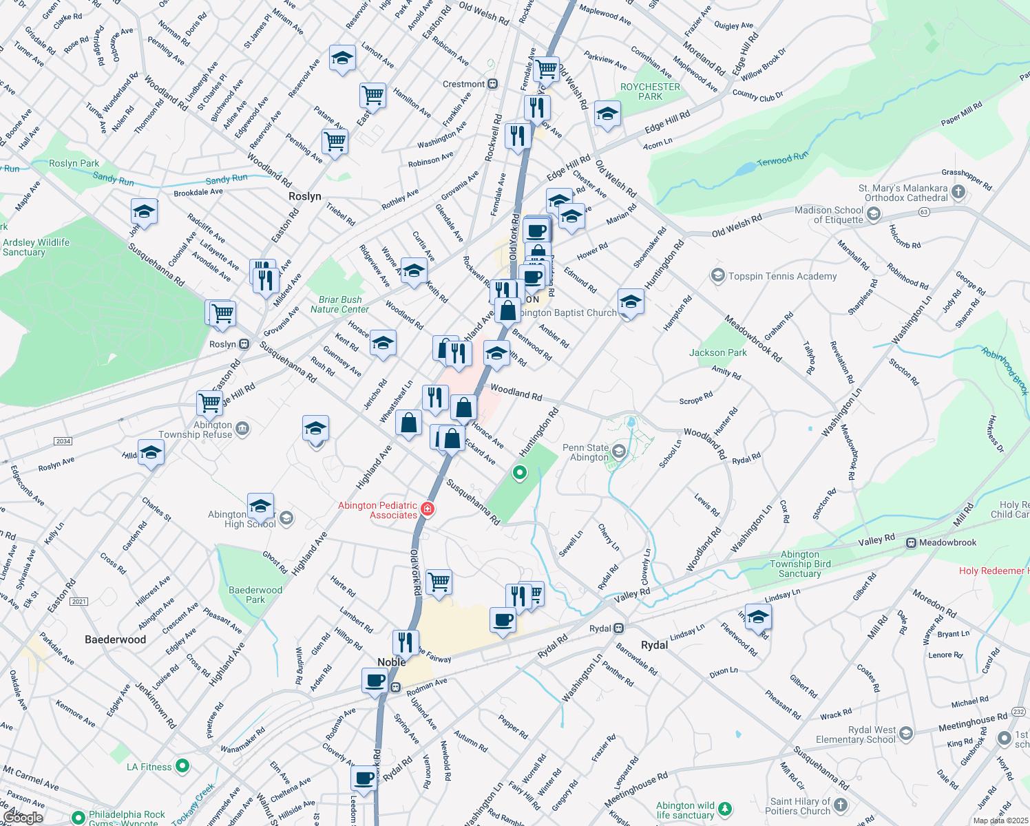 map of restaurants, bars, coffee shops, grocery stores, and more near 1245 Bockius Avenue in Abington