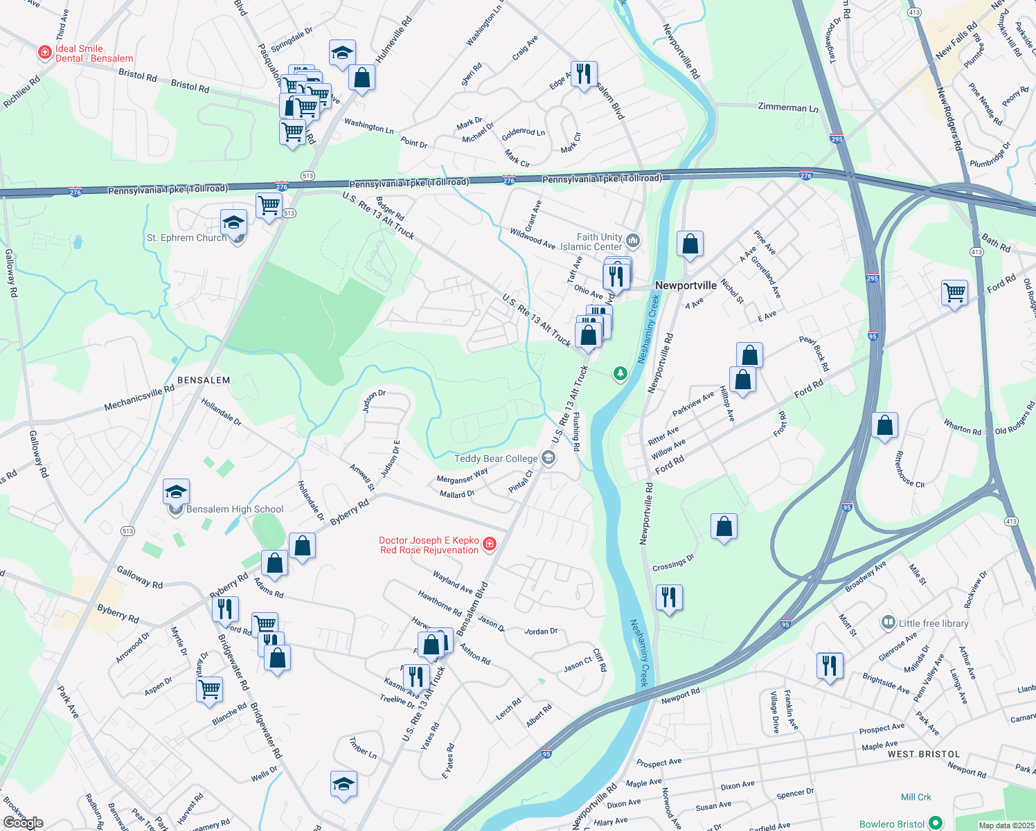 map of restaurants, bars, coffee shops, grocery stores, and more near 5411 Yarmouth Road in Bensalem