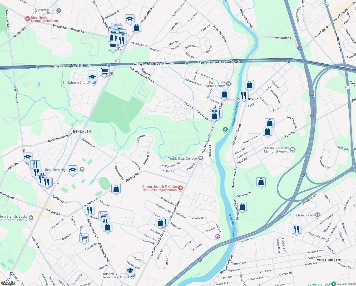 map of restaurants, bars, coffee shops, grocery stores, and more near 1151 Newport Mews Drive in Bensalem
