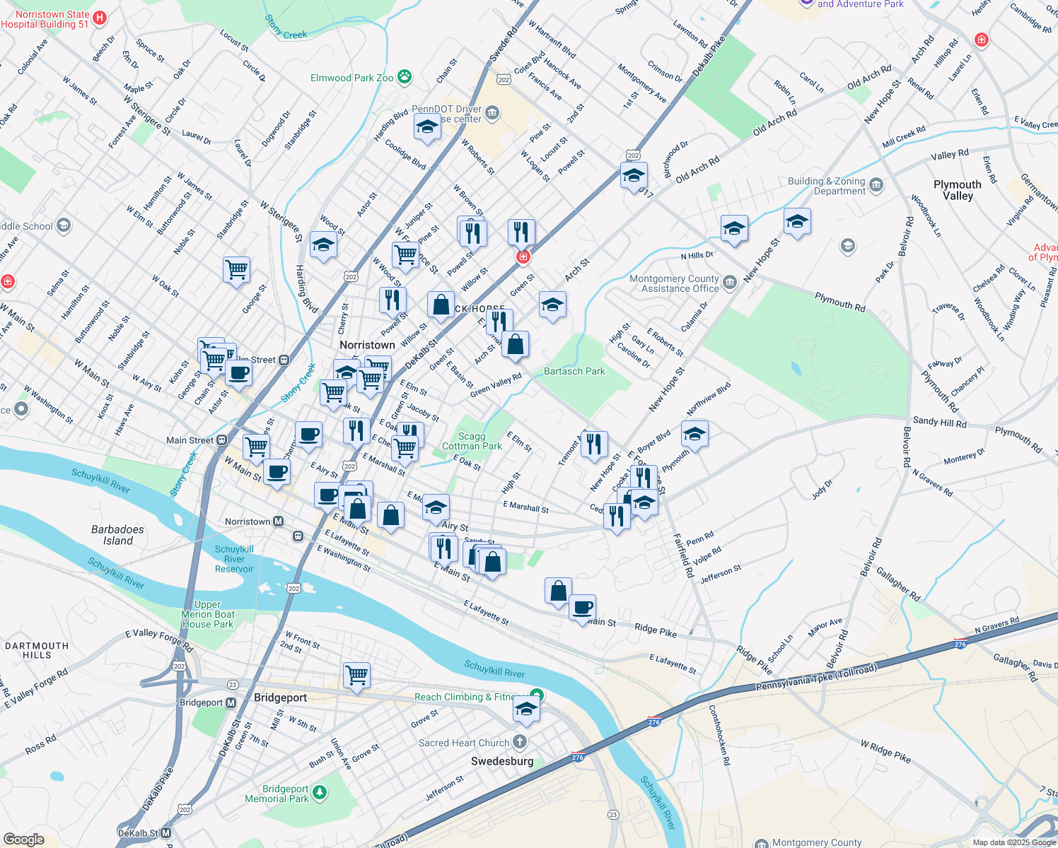 map of restaurants, bars, coffee shops, grocery stores, and more near 509 East Basin Street in Norristown
