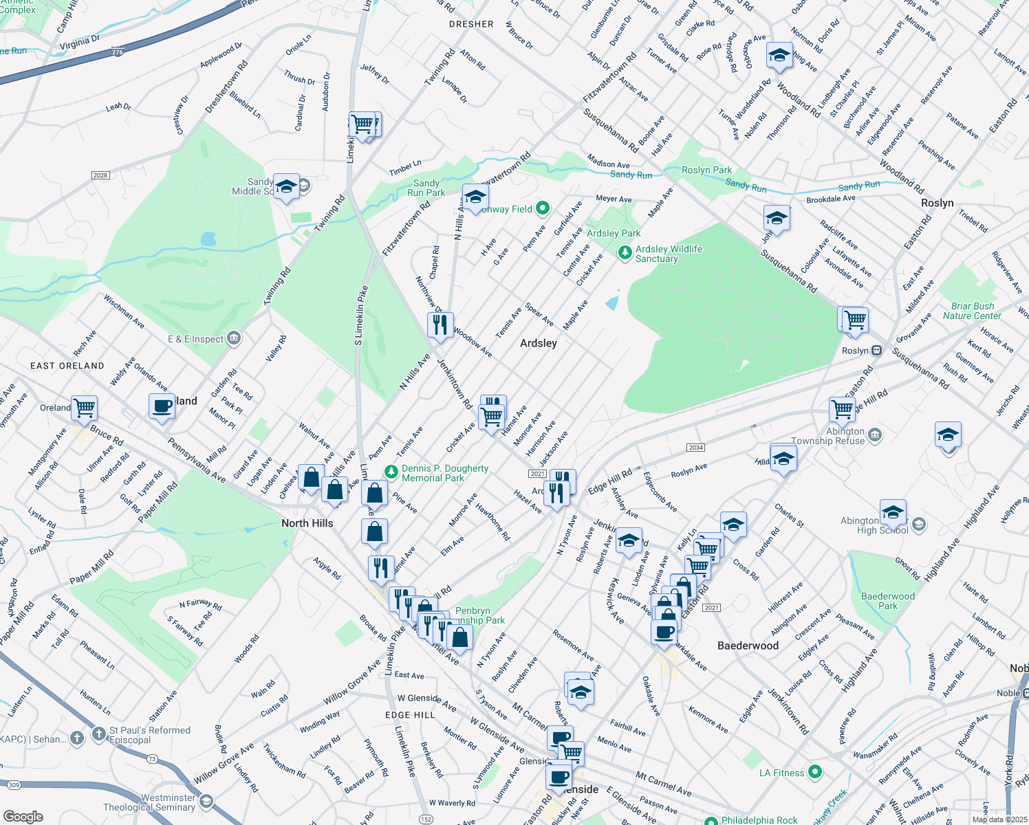 map of restaurants, bars, coffee shops, grocery stores, and more near 640 Hamel Avenue in Glenside