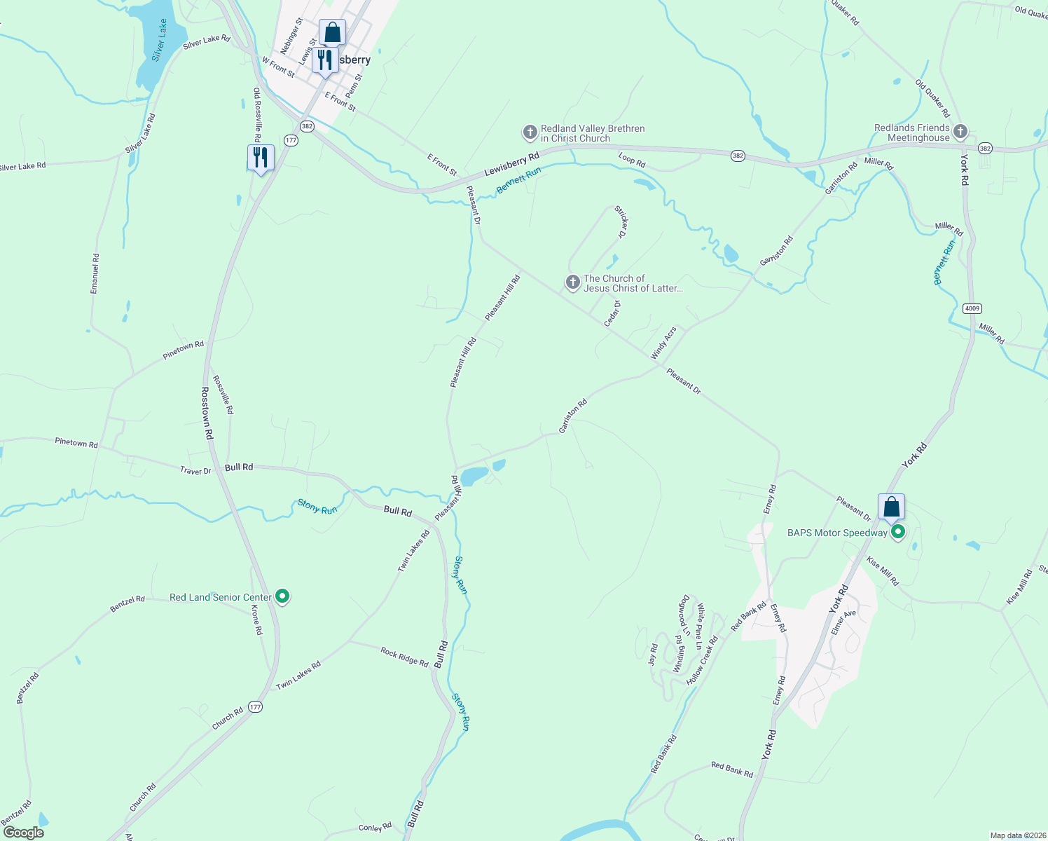 map of restaurants, bars, coffee shops, grocery stores, and more near 805 Garriston Road in Lewisberry