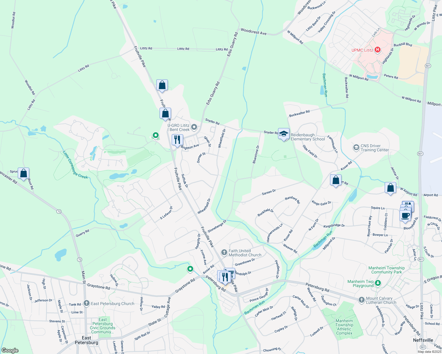 map of restaurants, bars, coffee shops, grocery stores, and more near 502 Wheatfield Drive in Lititz