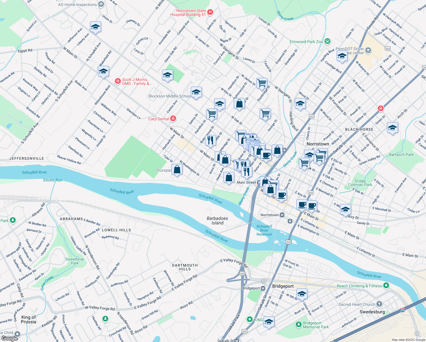 map of restaurants, bars, coffee shops, grocery stores, and more near 729 West Lafayette Street in Norristown