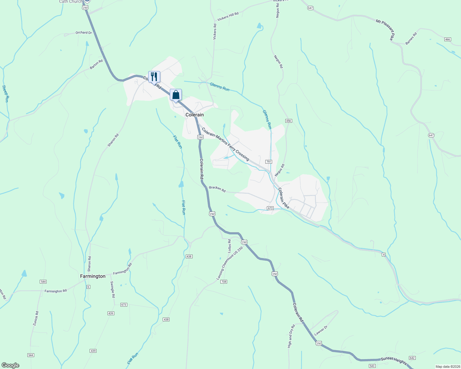 map of restaurants, bars, coffee shops, grocery stores, and more near 54161 Bracken Road in Bridgeport