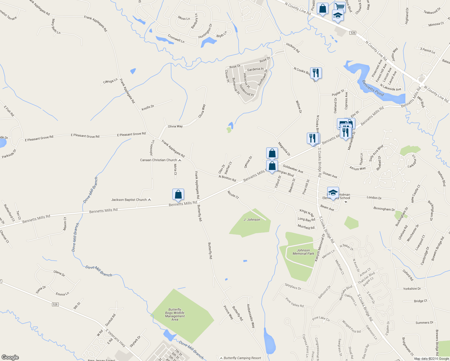 map of restaurants, bars, coffee shops, grocery stores, and more near 26 North Boston Road in Jackson