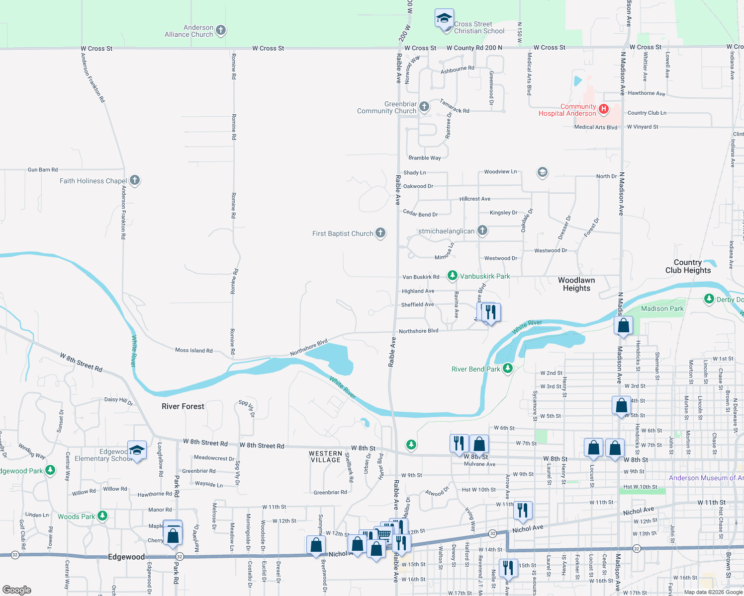 map of restaurants, bars, coffee shops, grocery stores, and more near 2523 Winterwood Court in Anderson