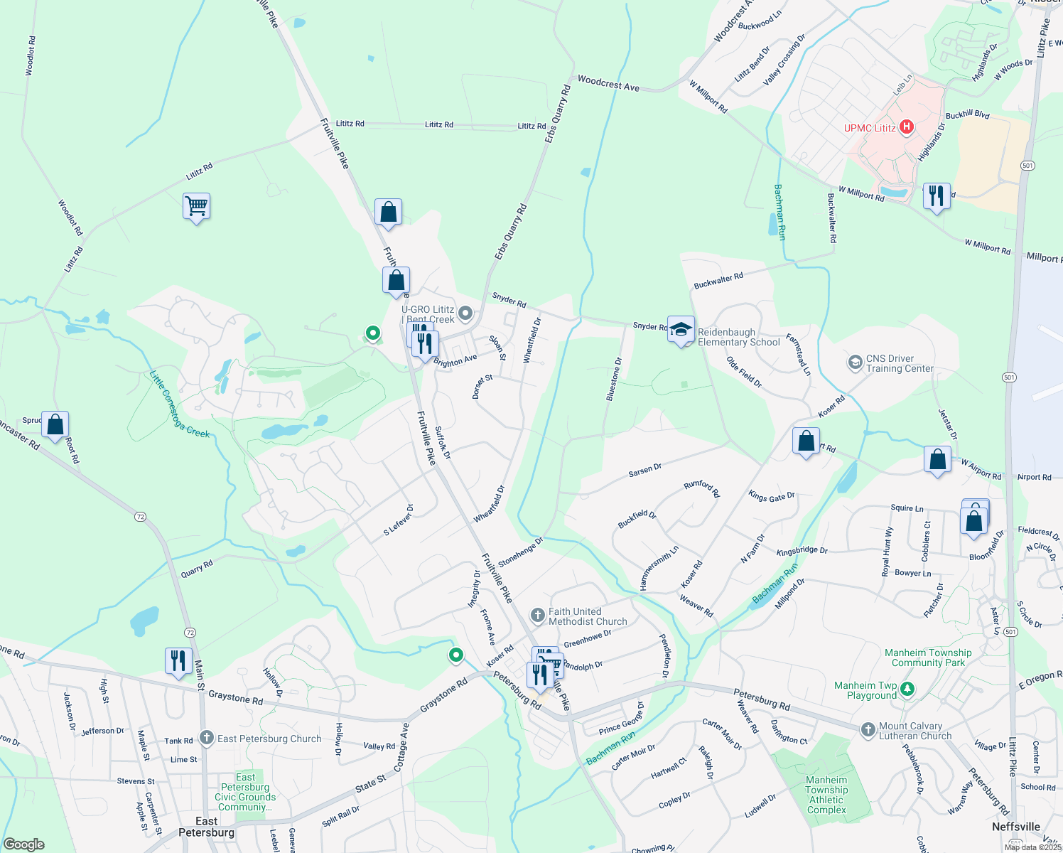 map of restaurants, bars, coffee shops, grocery stores, and more near 498 Wheatfield Drive in Lititz