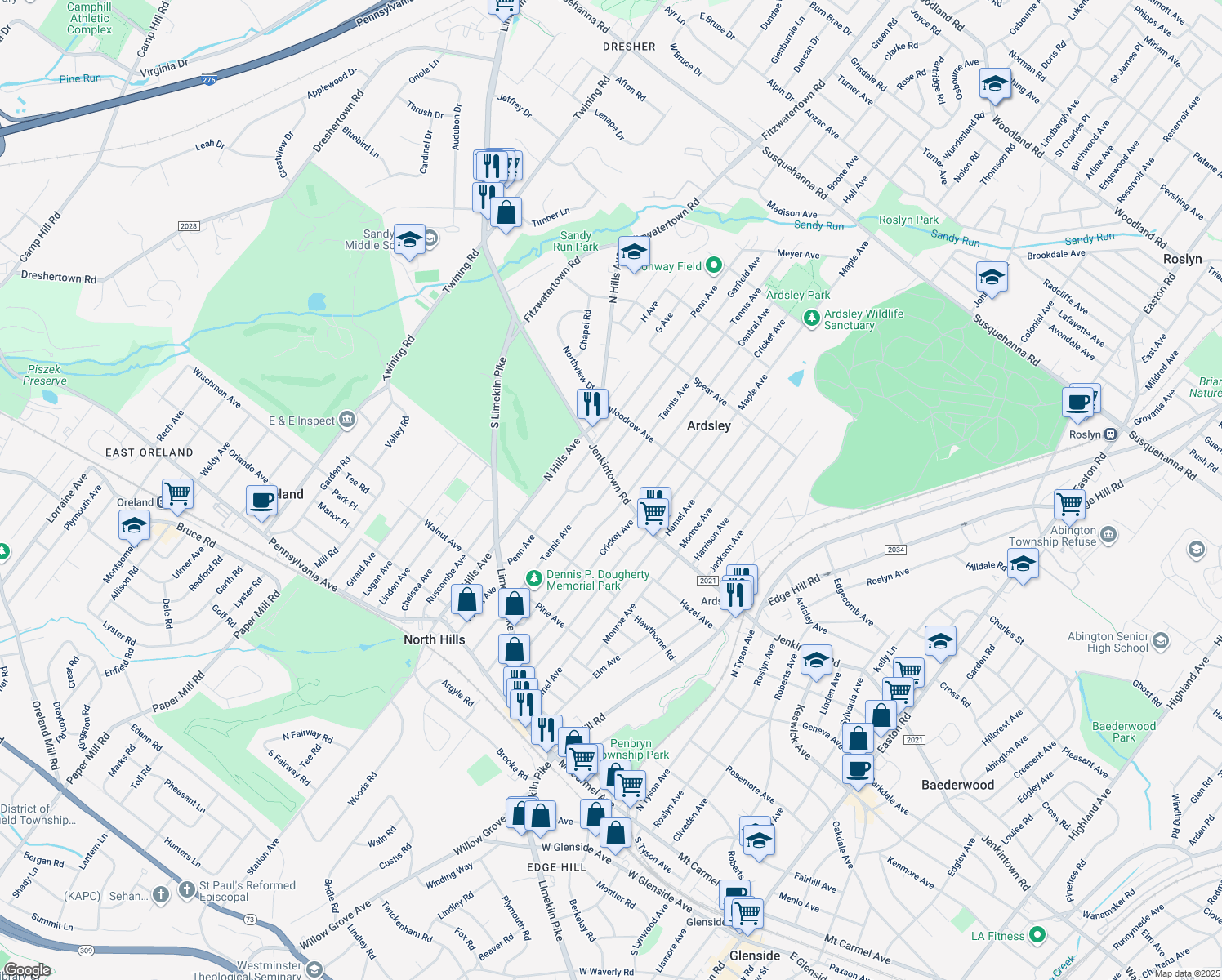 map of restaurants, bars, coffee shops, grocery stores, and more near 2916 Jenkintown Road in Glenside