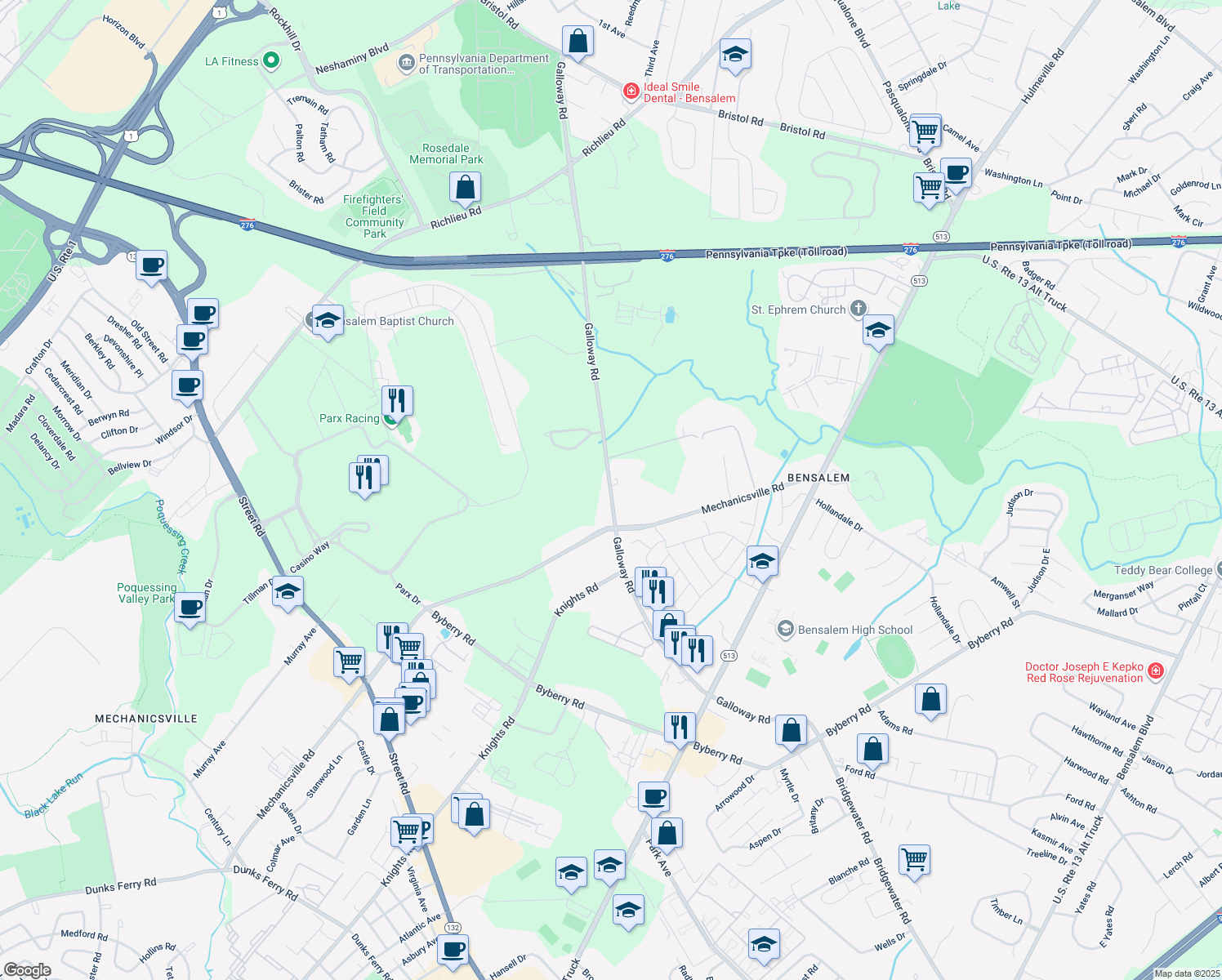 map of restaurants, bars, coffee shops, grocery stores, and more near 2568 Galloway Road in Bensalem