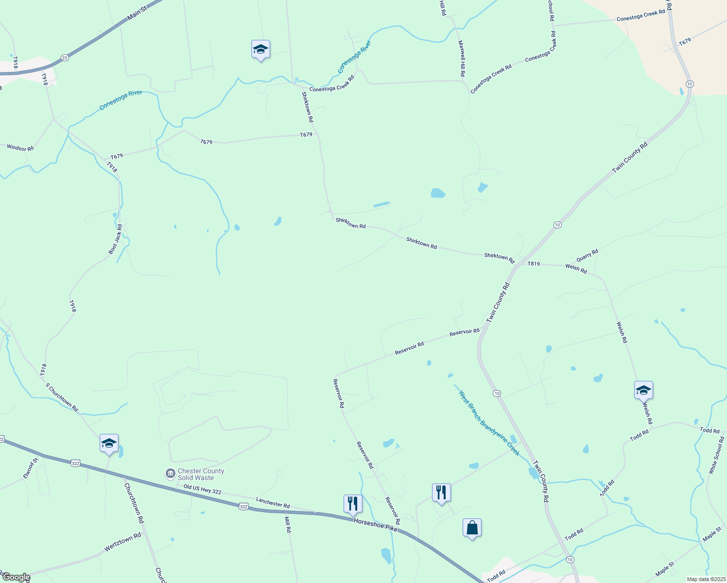 map of restaurants, bars, coffee shops, grocery stores, and more near 427 Chestnut Oak Road in Narvon
