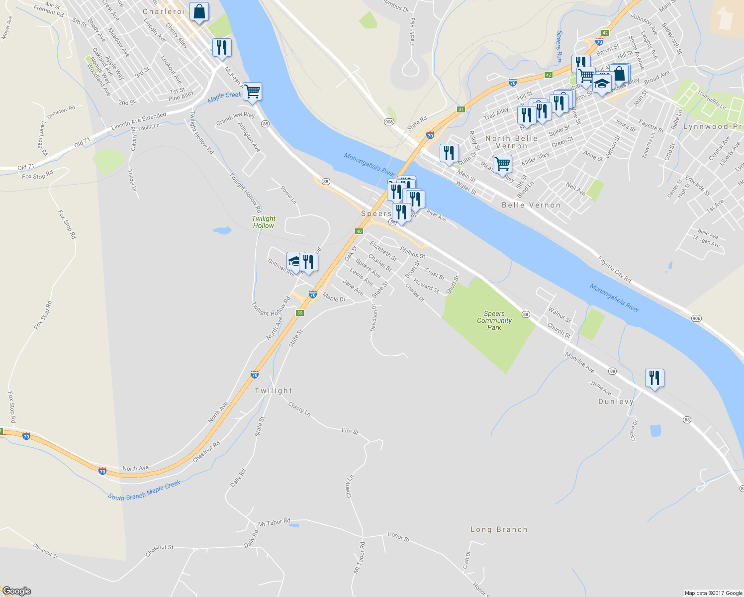 map of restaurants, bars, coffee shops, grocery stores, and more near 153 State Street in Charleroi