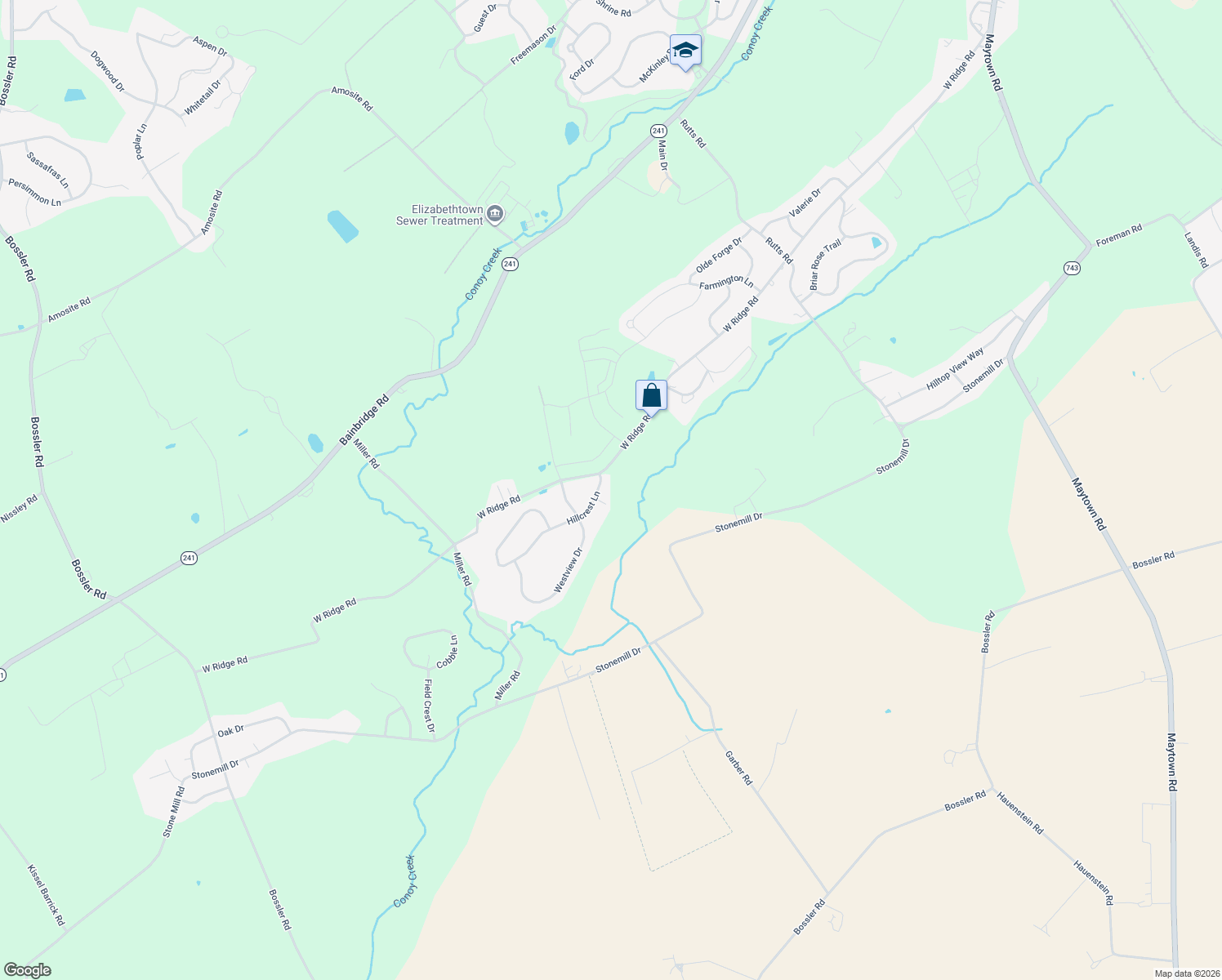 map of restaurants, bars, coffee shops, grocery stores, and more near 22 Hillcrest Lane in Elizabethtown