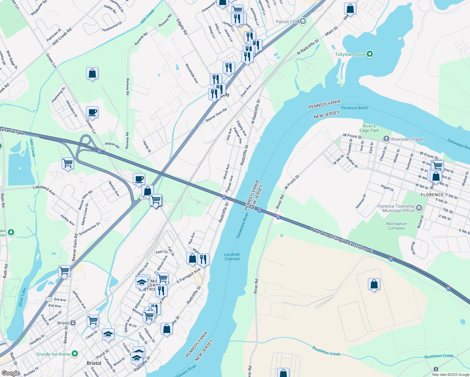 map of restaurants, bars, coffee shops, grocery stores, and more near 6815 Radcliffe Street in Bristol