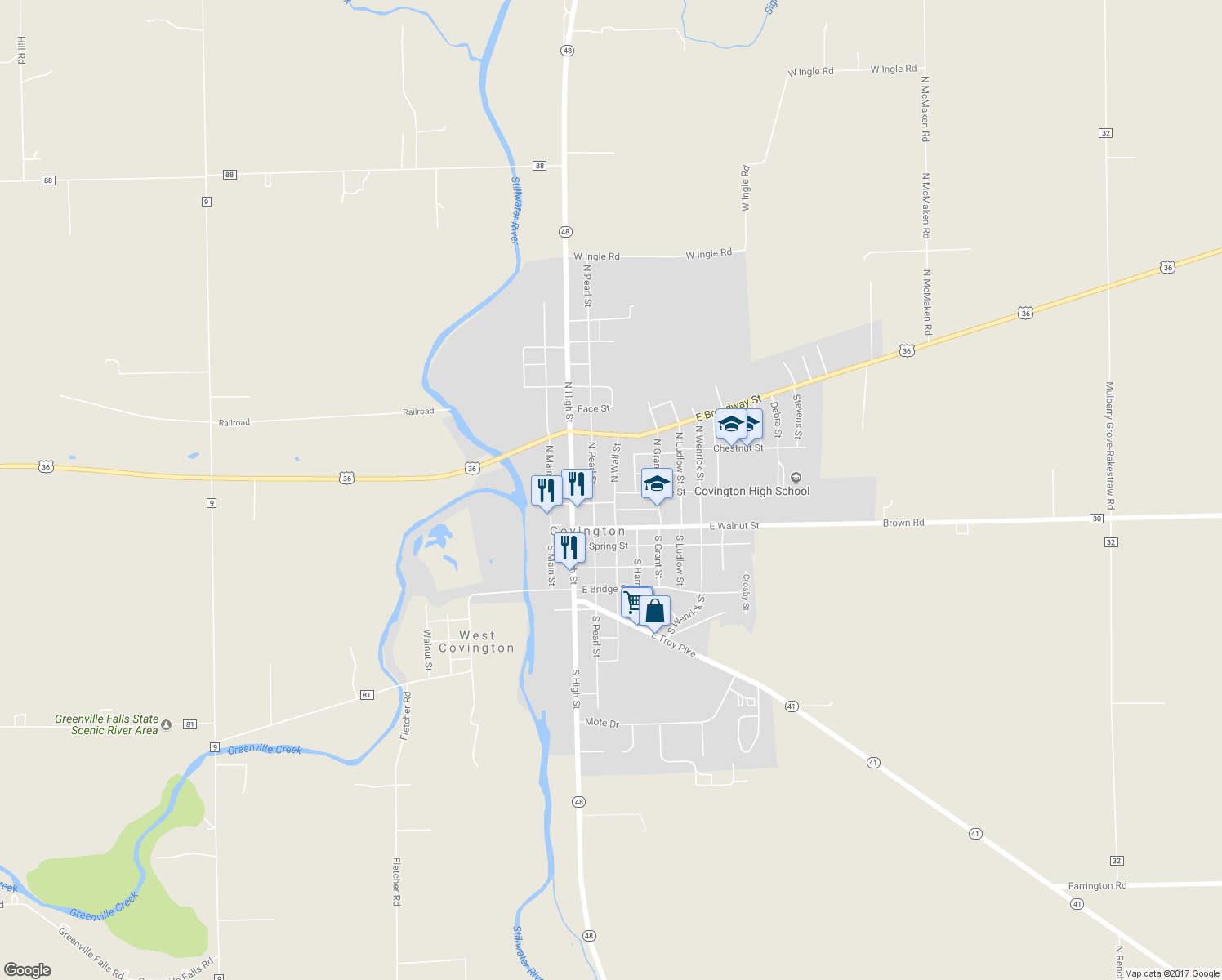 map of restaurants, bars, coffee shops, grocery stores, and more near 115 North Wall Street in Covington