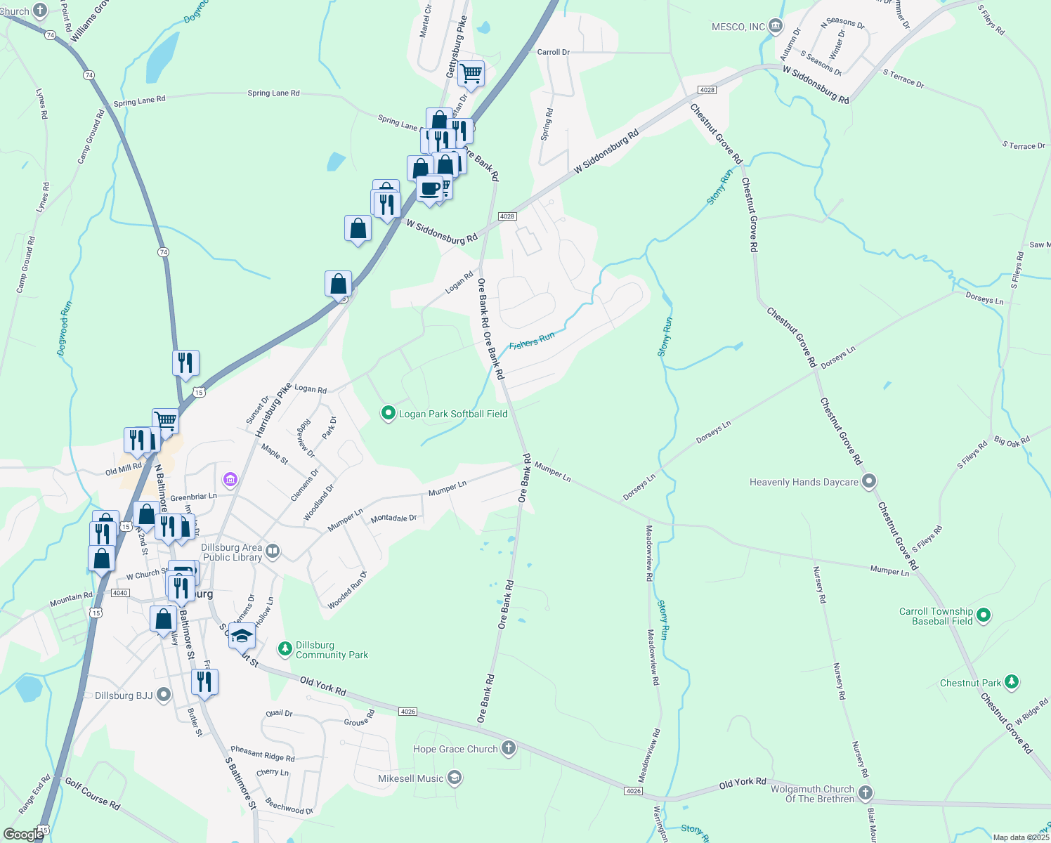 map of restaurants, bars, coffee shops, grocery stores, and more near 185 Ore Bank Rd in Dillsburg