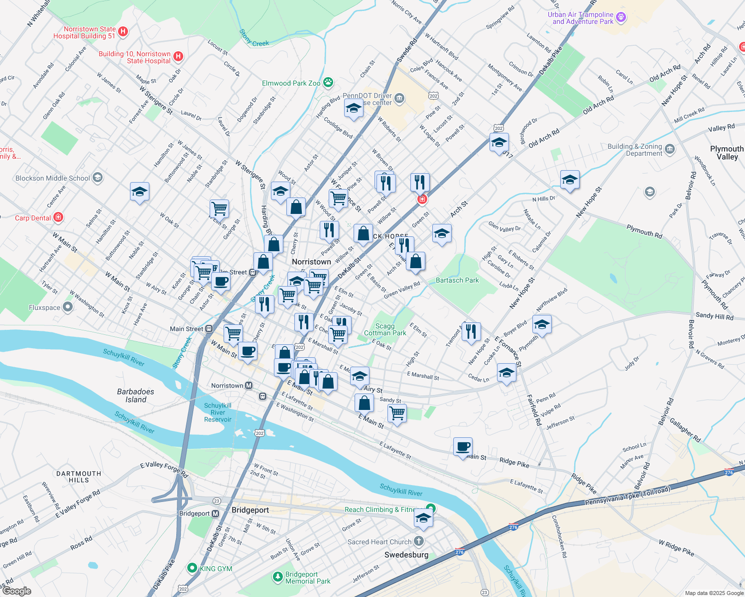 map of restaurants, bars, coffee shops, grocery stores, and more near 1012 Arch Street in Norristown