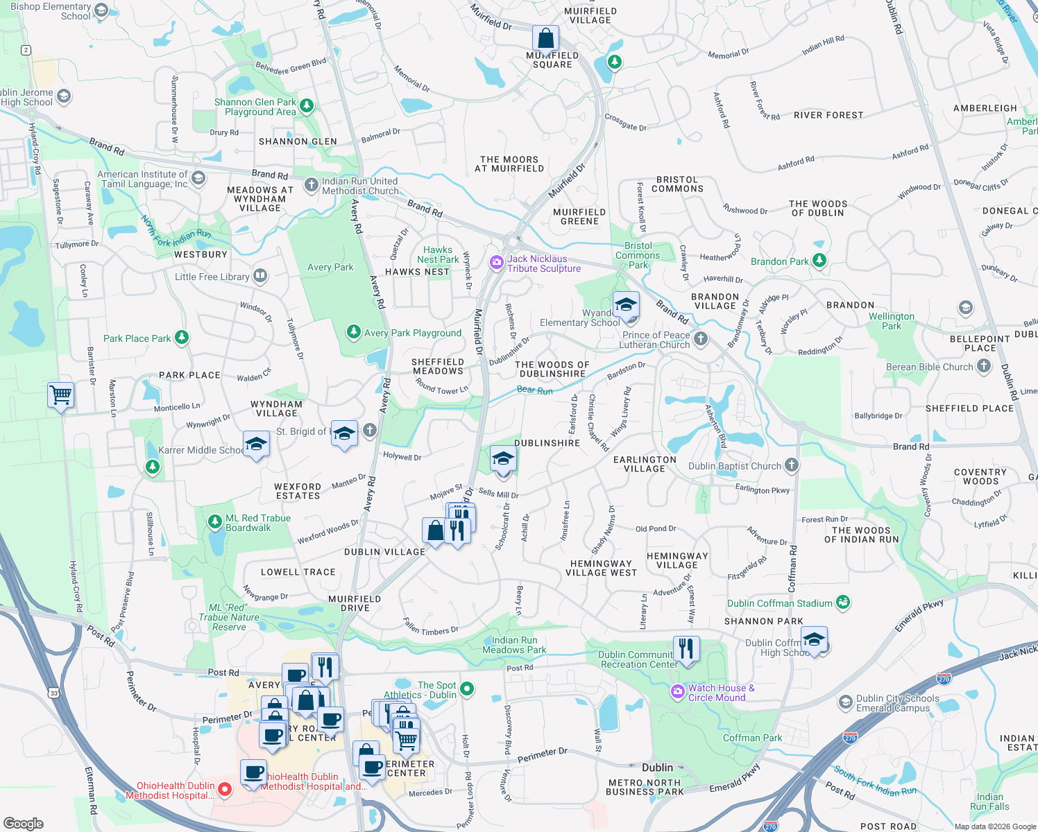 map of restaurants, bars, coffee shops, grocery stores, and more near 5925 Brigids Close Dr in Dublin