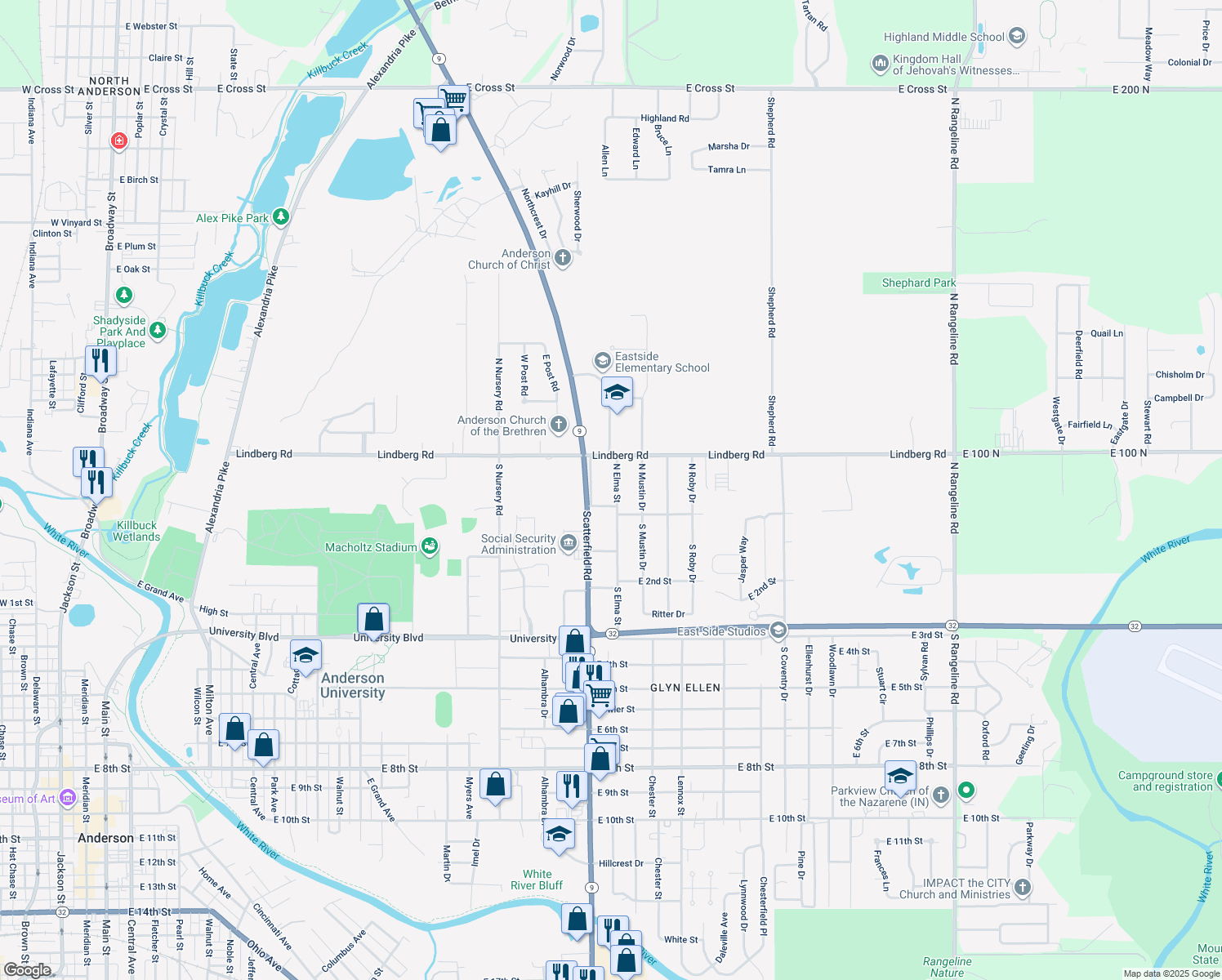 map of restaurants, bars, coffee shops, grocery stores, and more near 25 North Elma Street in Anderson