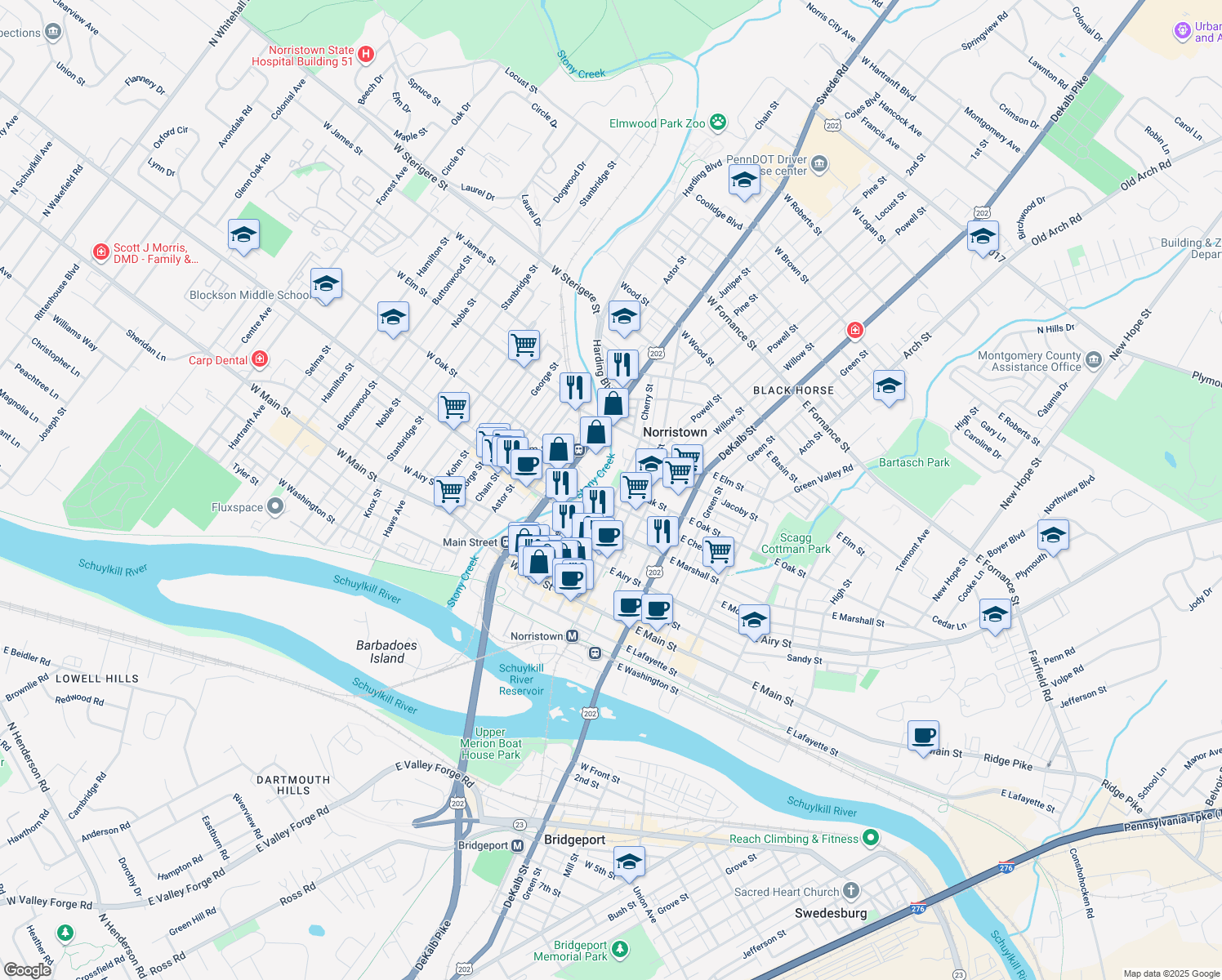 map of restaurants, bars, coffee shops, grocery stores, and more near 721 Cherry Street in Norristown