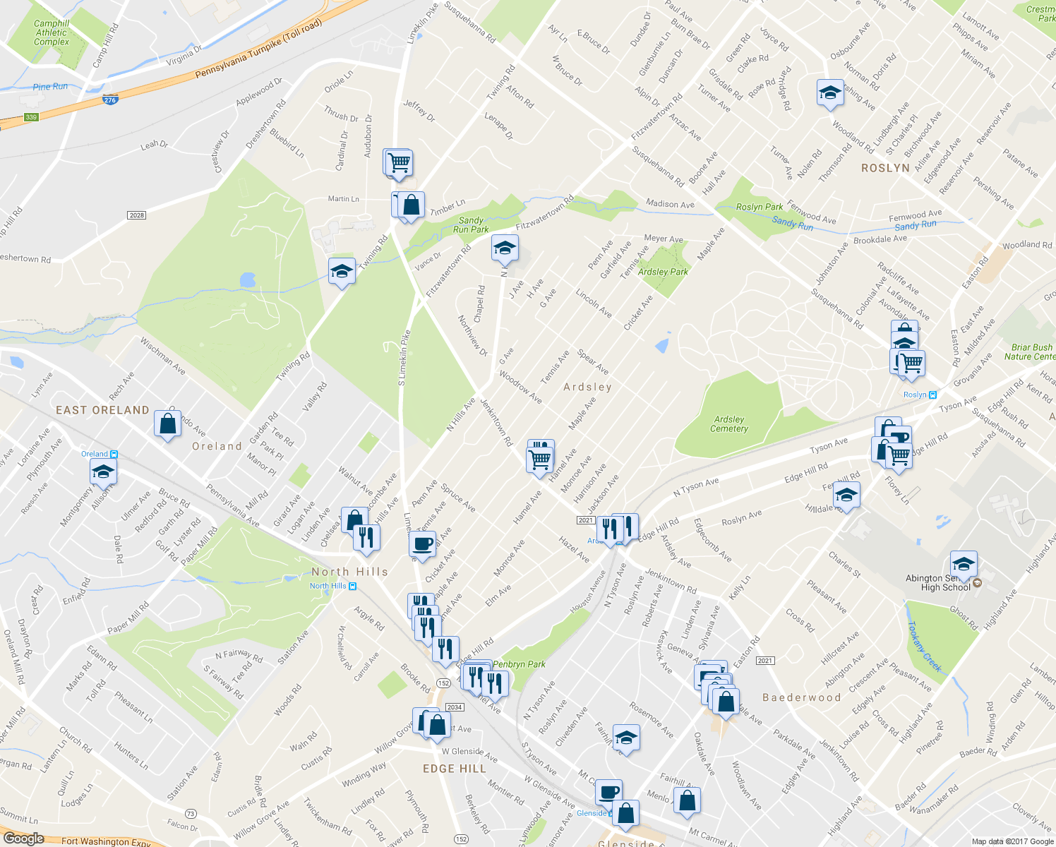 map of restaurants, bars, coffee shops, grocery stores, and more near 636 Central Avenue in Glenside