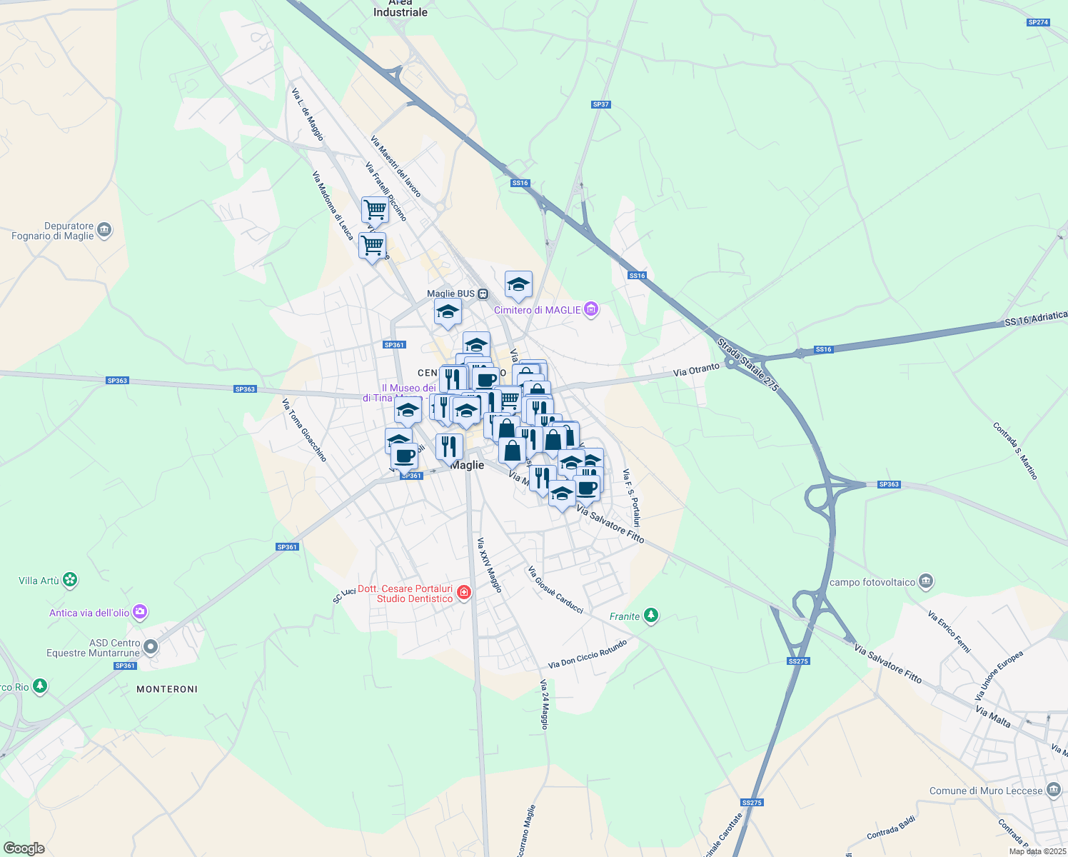 map of restaurants, bars, coffee shops, grocery stores, and more near 87 Via Dante Alighieri in Maglie