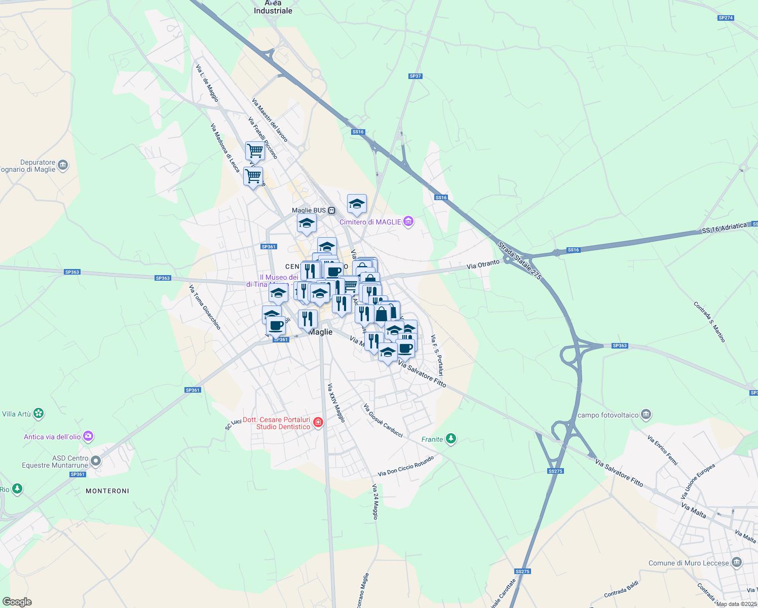 map of restaurants, bars, coffee shops, grocery stores, and more near 131 Via Cesare Battisti in Maglie