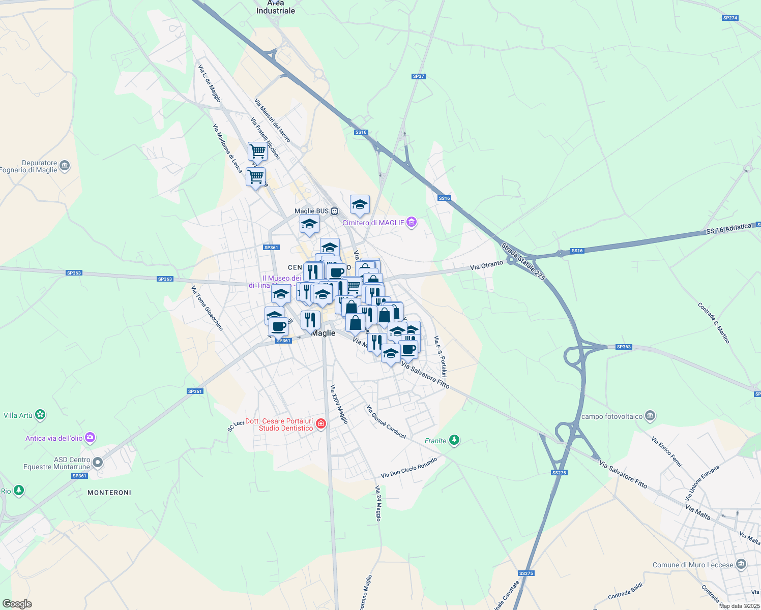 map of restaurants, bars, coffee shops, grocery stores, and more near 87 Via Dante Alighieri in Maglie