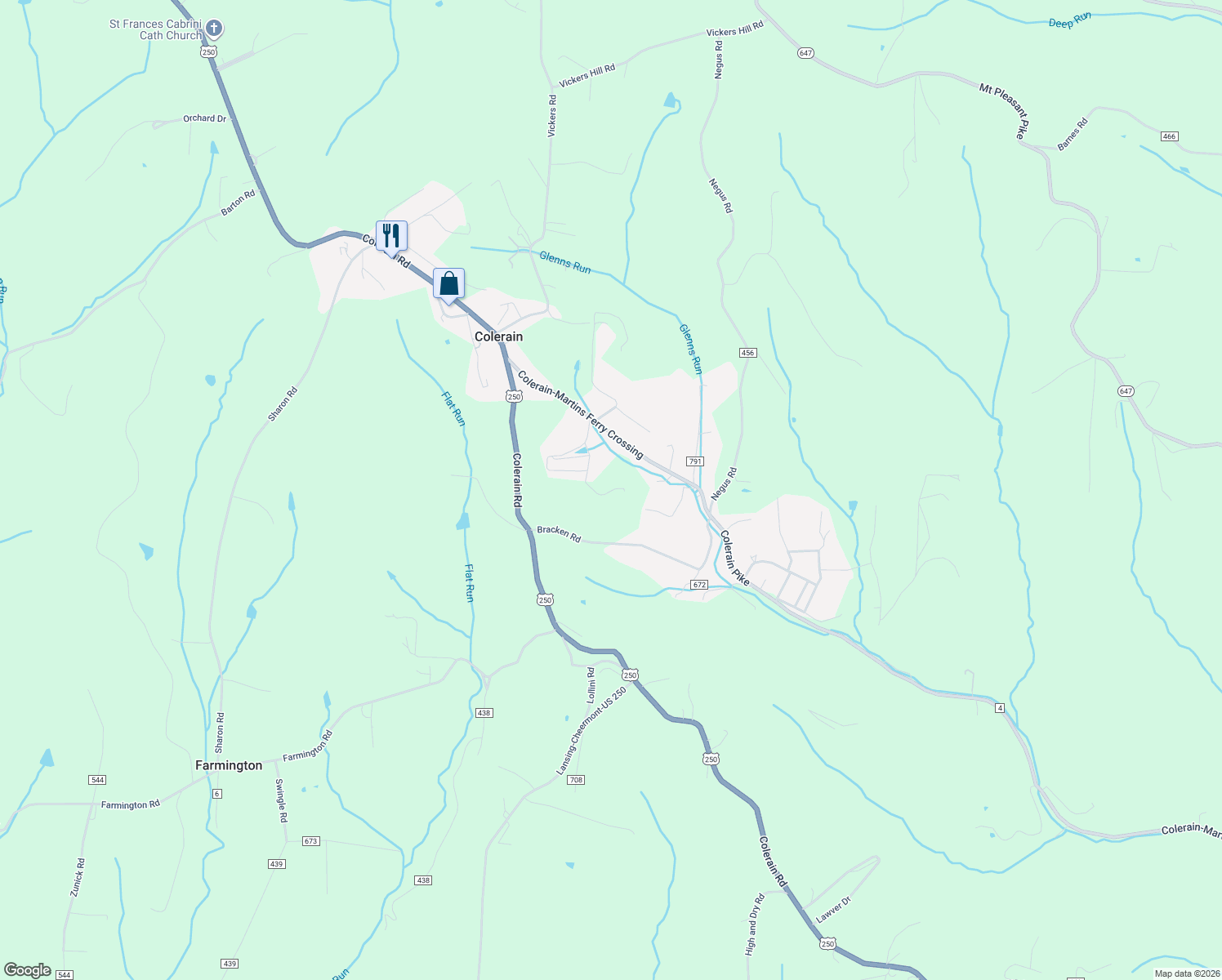 map of restaurants, bars, coffee shops, grocery stores, and more near 54161 Bracken Road in Bridgeport
