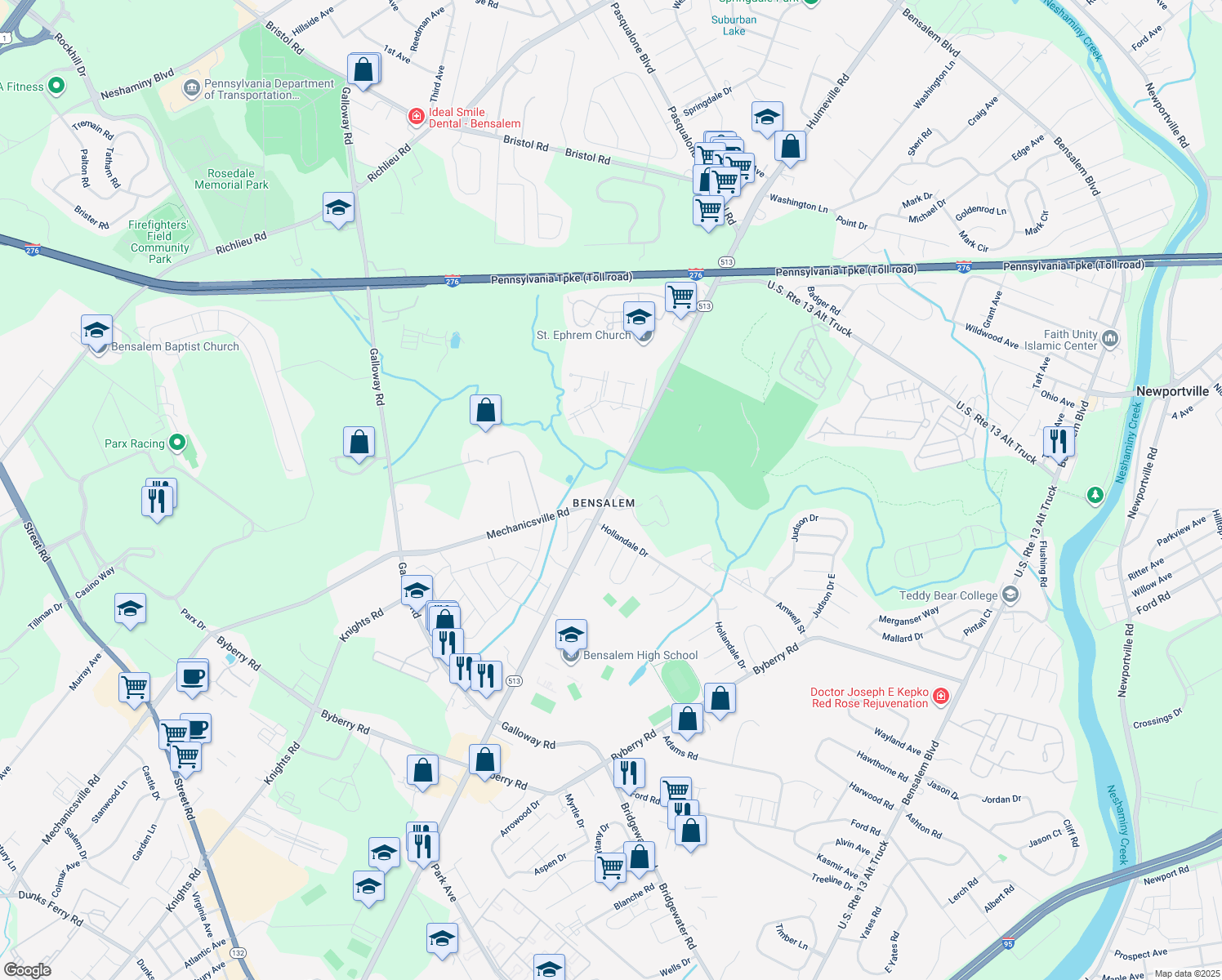 map of restaurants, bars, coffee shops, grocery stores, and more near 4930 Hulmeville Road in Bensalem
