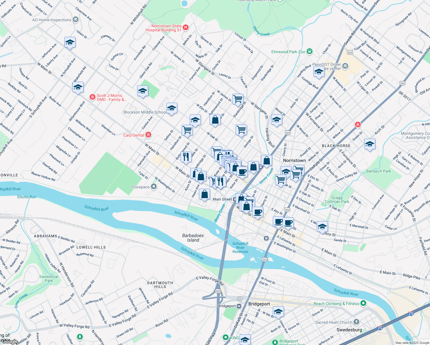 map of restaurants, bars, coffee shops, grocery stores, and more near 533 Kohn Street in Norristown