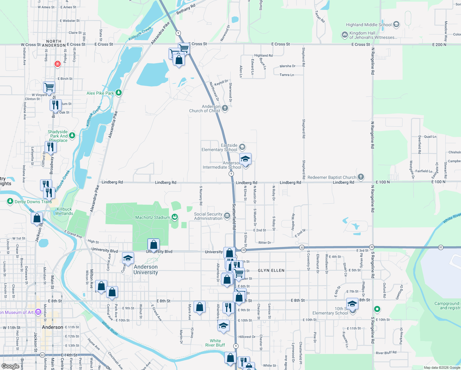 map of restaurants, bars, coffee shops, grocery stores, and more near 2023 Lindberg Rd in Anderson