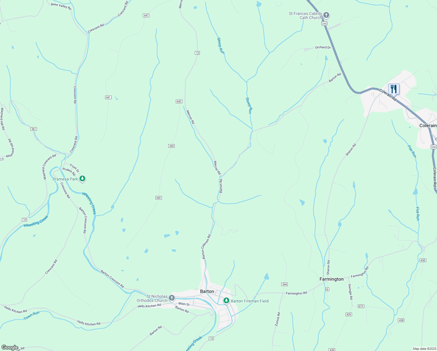 map of restaurants, bars, coffee shops, grocery stores, and more near 71350 Mercer Road in Saint Clairsville