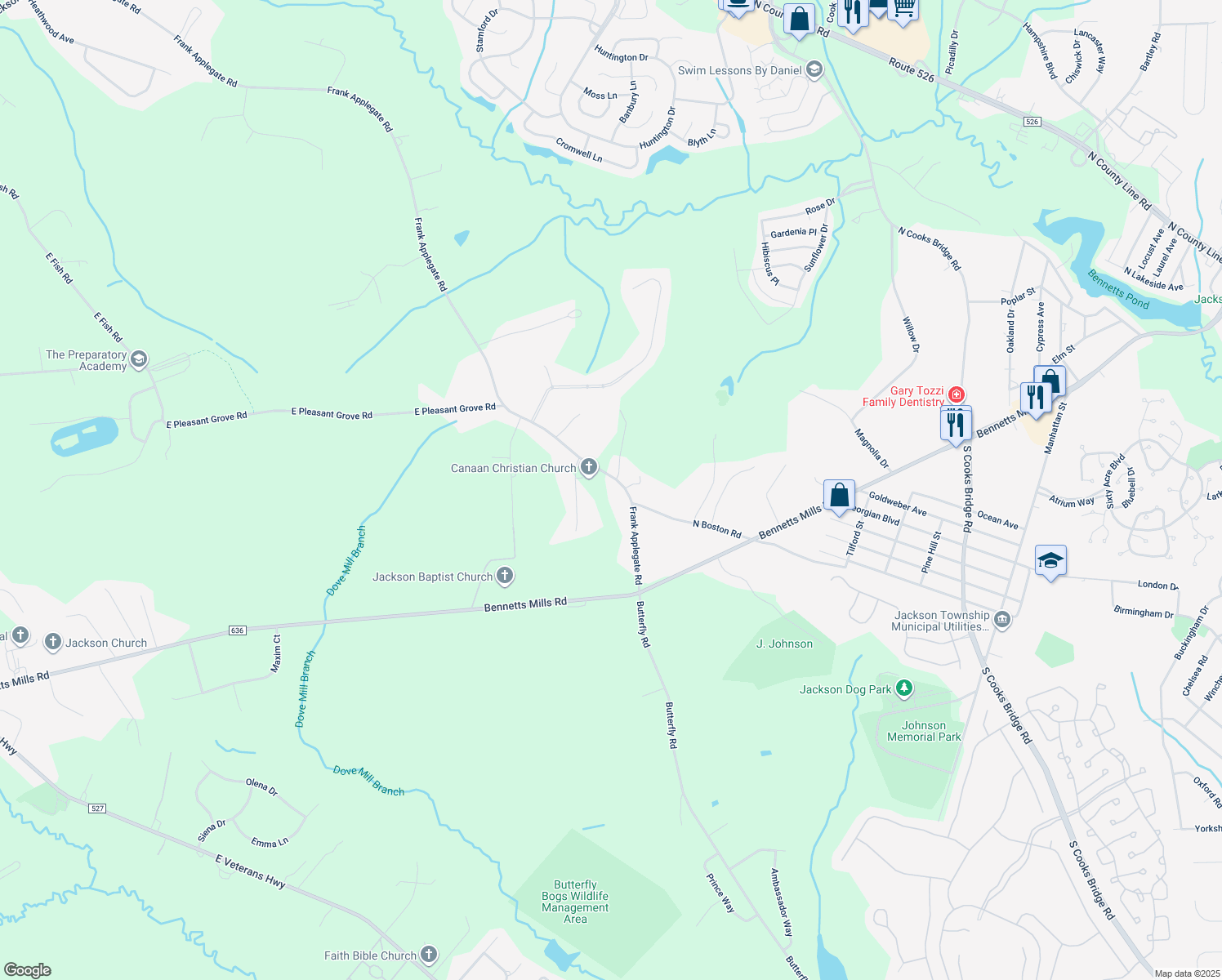 map of restaurants, bars, coffee shops, grocery stores, and more near 68 Frank Applegate Rd in Jackson