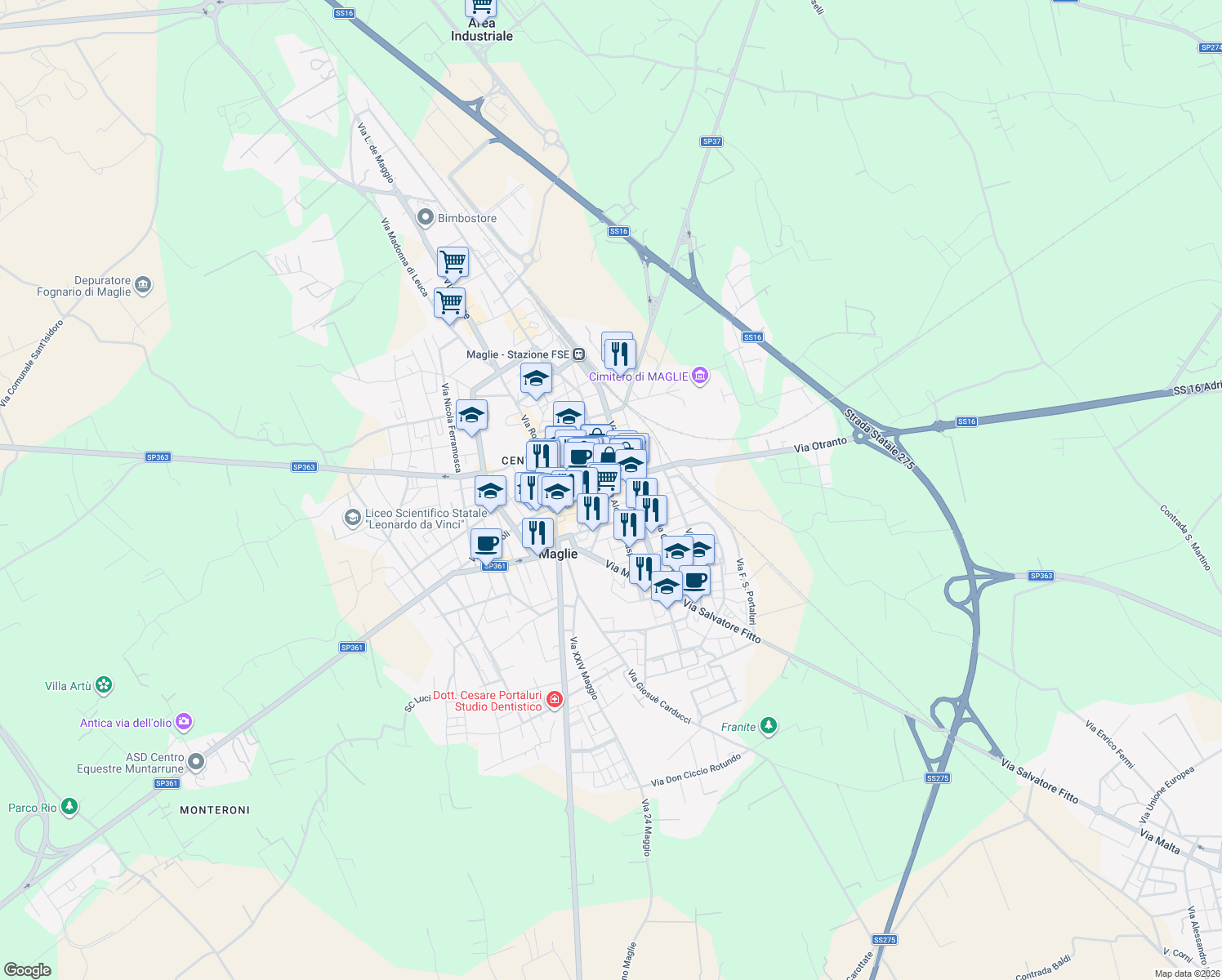 map of restaurants, bars, coffee shops, grocery stores, and more near 40 Via Indipendenza in Maglie