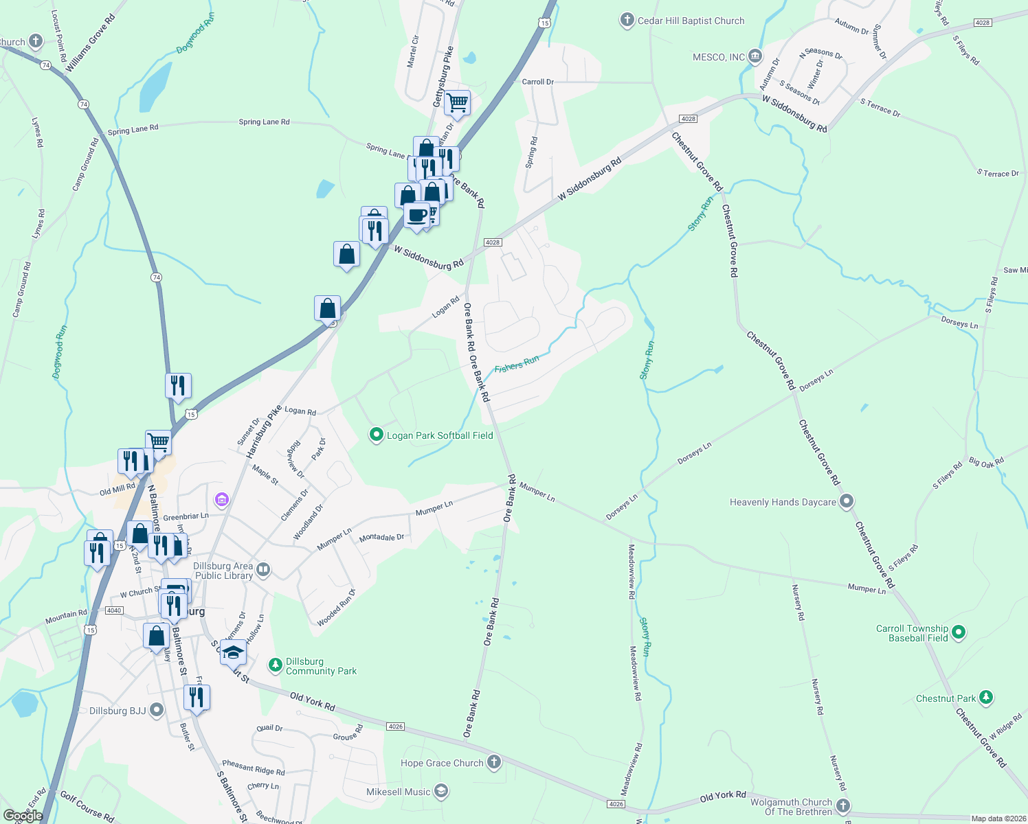 map of restaurants, bars, coffee shops, grocery stores, and more near 7 Northern Dancer Dr in Dillsburg