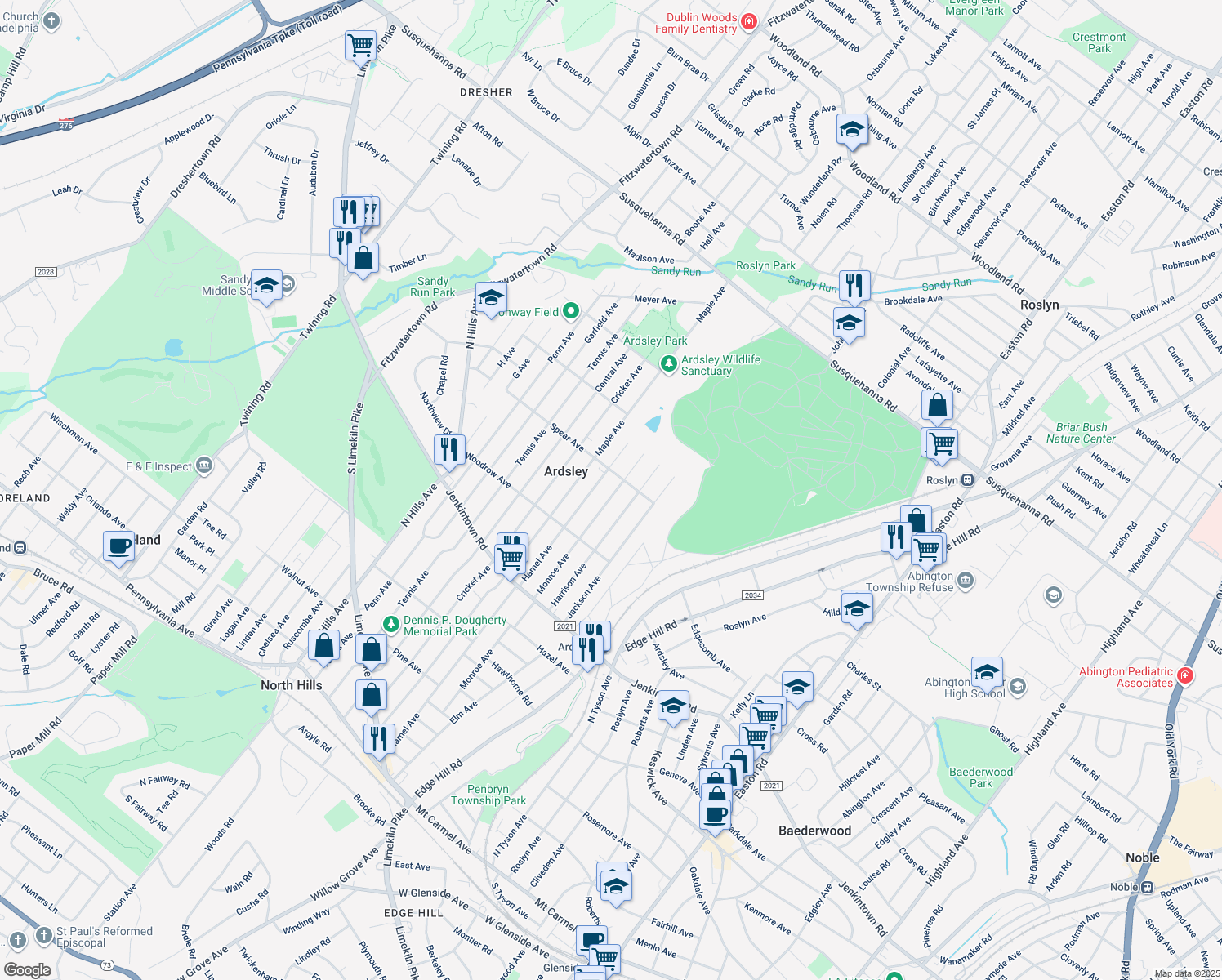 map of restaurants, bars, coffee shops, grocery stores, and more near 766 Monroe Avenue in Glenside