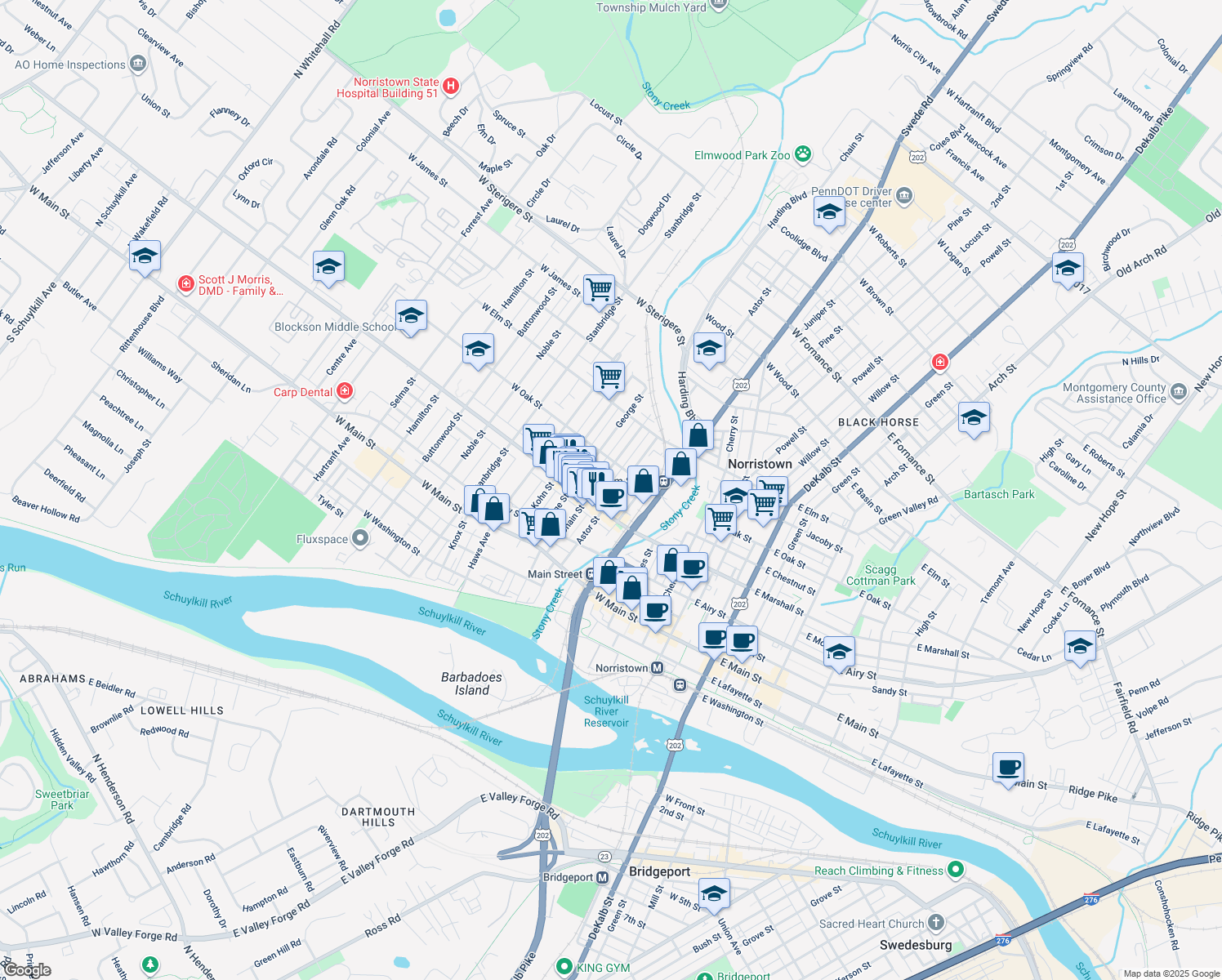map of restaurants, bars, coffee shops, grocery stores, and more near 633 Astor Street in Norristown