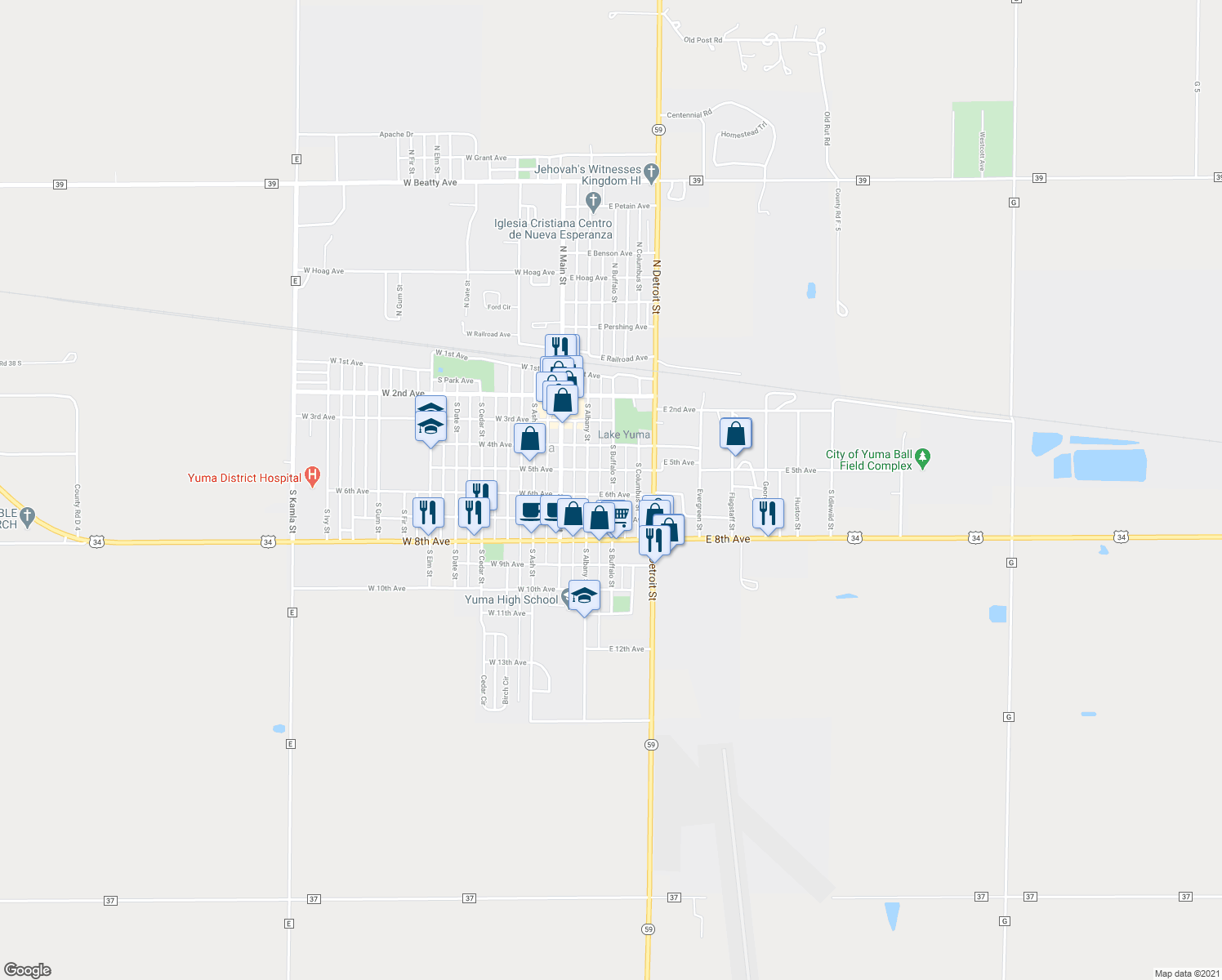 map of restaurants, bars, coffee shops, grocery stores, and more near 520 South Buffalo Street in Yuma