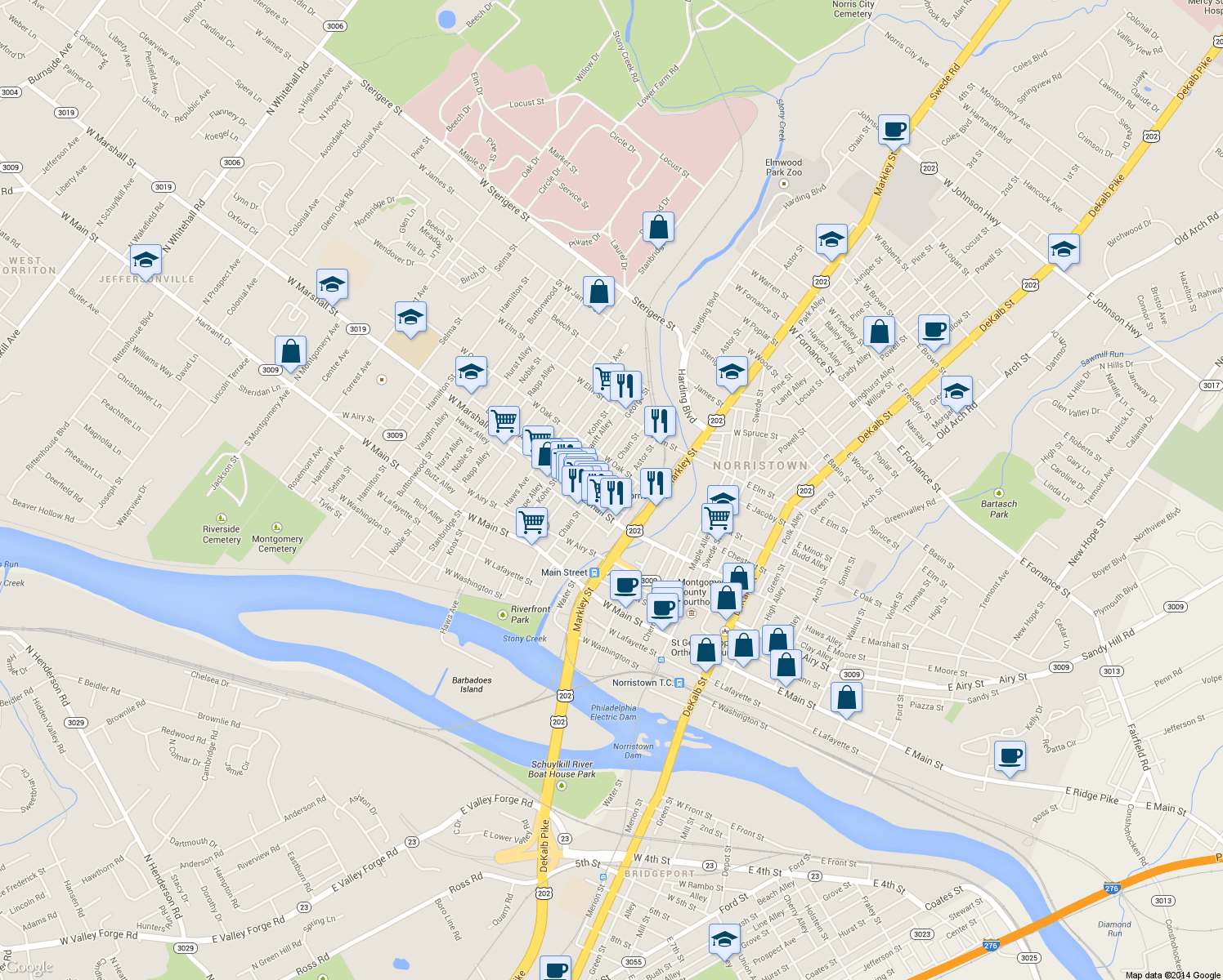 map of restaurants, bars, coffee shops, grocery stores, and more near 637 Astor Street in Norristown